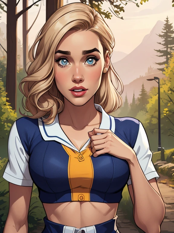 Personagem mulher PinUp dos anos 30 com marcas de guerras Imagem de desenho animado de uma mulher .cartoon style illustration, estilo de arte dos desenhos animados, estilo de arte dos desenhos animados, digital illustration style, design de personagens altamente detalhado, arte digital detalhada coragem, Forest fan art, Design de personagens de retrato, beautiful digital illustration, retrato de alta qualidade, Arte em quadrinhos, mulher jovem cabelo com transas lindas . Beautiful lined eyes Medium large bust and wonderful sexy clothes. image expression of sexual desire from the waist to the illustration Jennifer Connelly Fallout 23 uniform