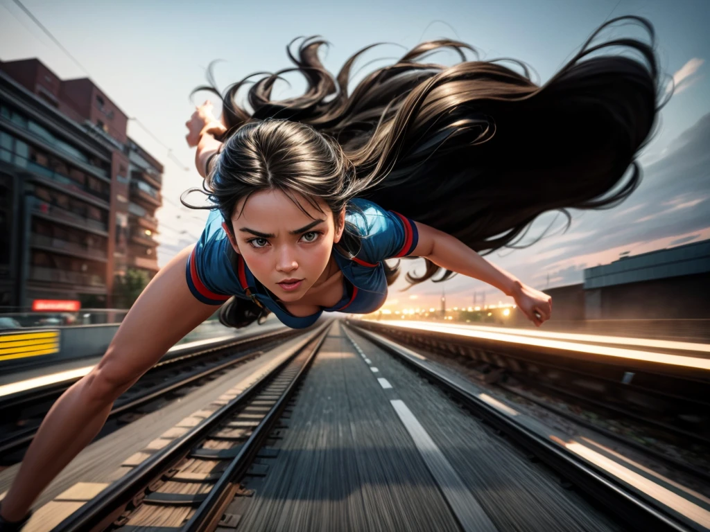 (best quality,4k,highres,masterpiece:1.2),ultra-detailed,(realistic,photorealistic,photo-realistic:1.37),a girl running on the roof of a speeding train with ((motion blur effect)), [train], [speed], [roof], long hair flowing in the wind, [blurred background], [adventure], [excitement], [dynamic], [vibrant colors], [sunset lighting], [rush], [freedom], [passion], [fast-paced], [daring], [fearless], [dreamy], [thrilling], [fantastic], [action-packed]