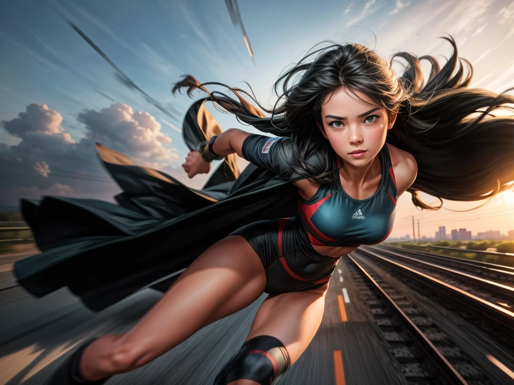 (best quality,4k,highres,masterpiece:1.2),ultra-detailed,(realistic,photorealistic,photo-realistic:1.37),a girl running on the roof of a speeding train with ((motion blur effect)), [train], [speed], [roof], long hair flowing in the wind, [blurred background], [adventure], [excitement], [dynamic], [vibrant colors], [sunset lighting], [rush], [freedom], [passion], [fast-paced], [daring], [fearless], [dreamy], [thrilling], [fantastic], [action-packed]