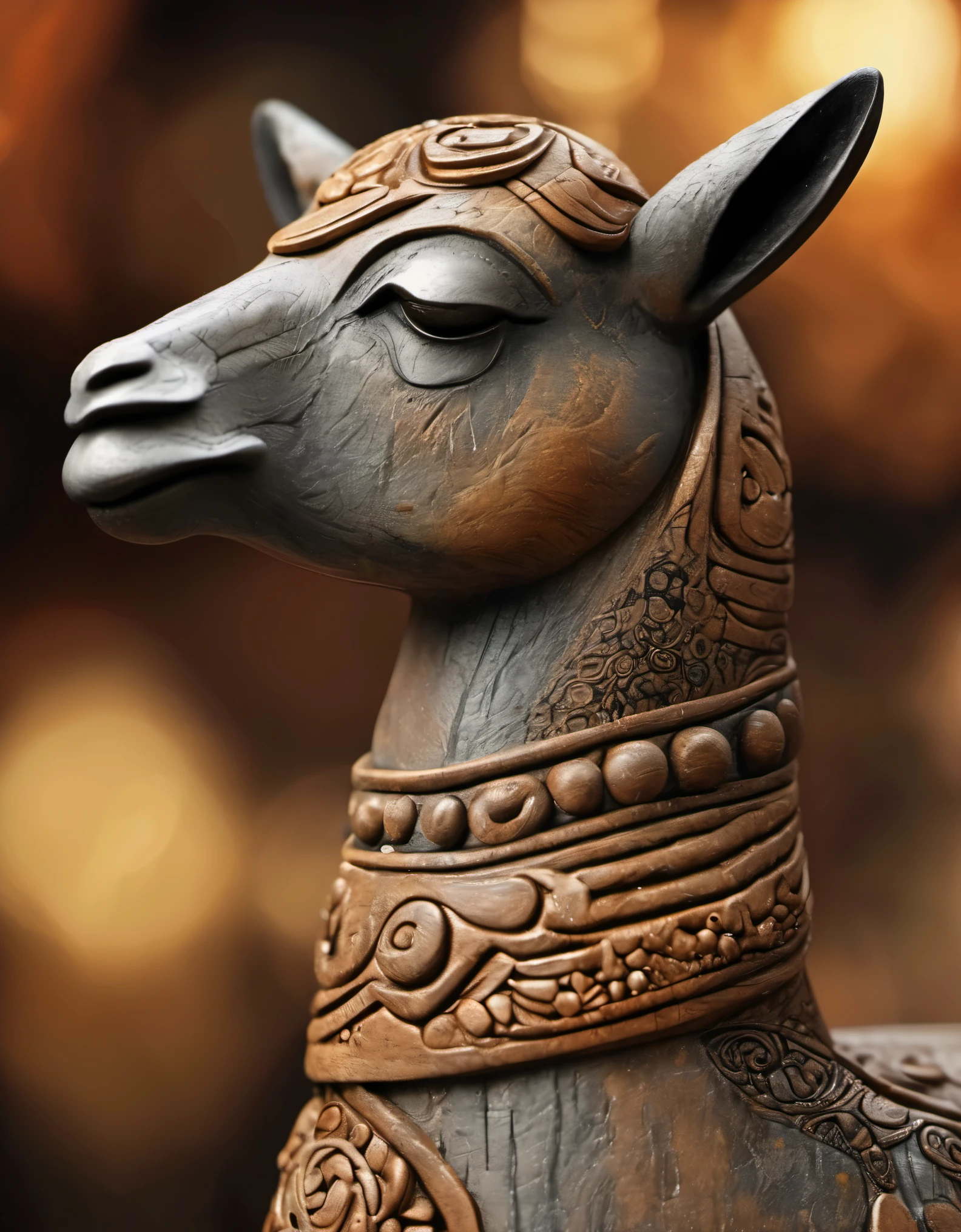 (masterpiece, best quality:1.2), Paint an adorable alpaca sculpture using earth tones,,With subtle patterns and textures,Invoking ancient wisdom. Focus on the face,With depth of field and bokeh effects. This is a high resolution image,Intricate details,The background is very dark,soft light, style of.
