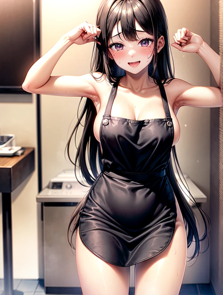 ((highest quality)), ((masterpiece)), ((Perfect Face))、((the skirt is rolled up))、Black Hair、Long Straight Hair、orgasm、Flushed face、Sweaty all over、Ahegao、Naked Apron