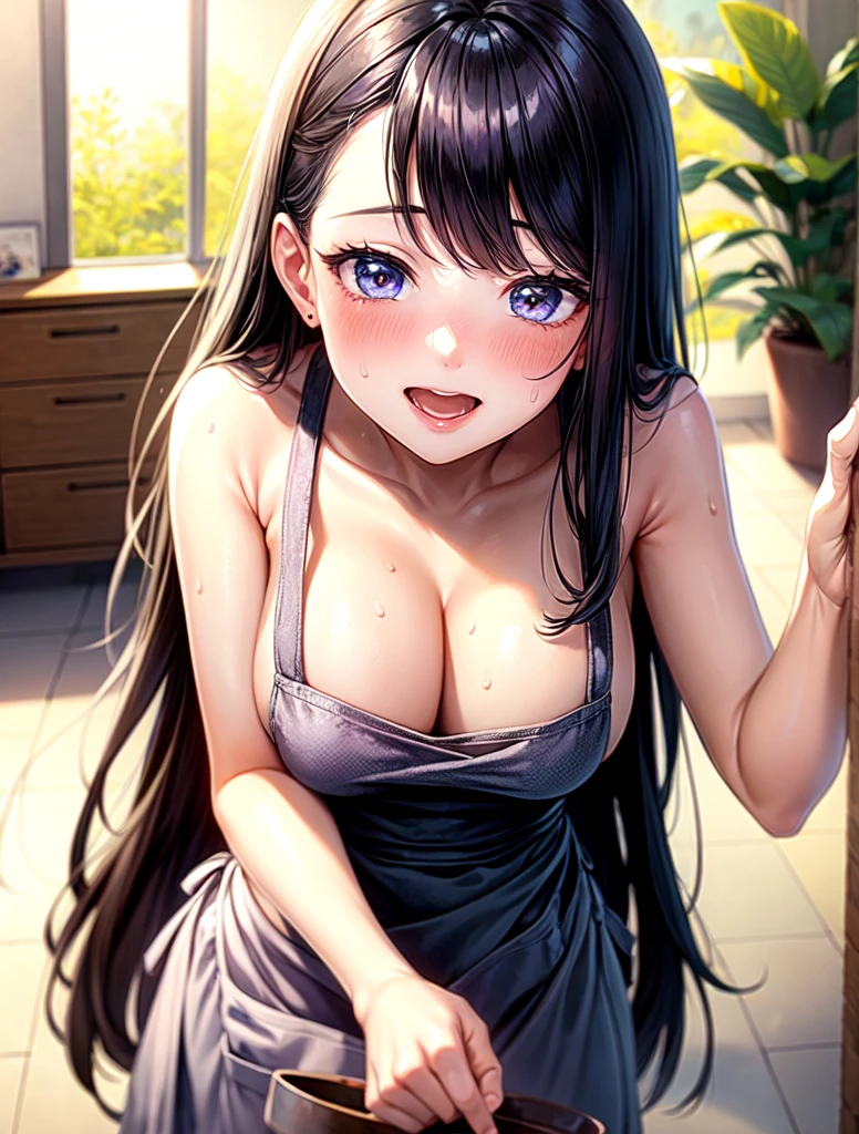((highest quality)), ((masterpiece)), ((Perfect Face))、((the skirt is rolled up))、Black Hair、Long Straight Hair、orgasm、Flushed face、Sweaty all over、Ahegao、Naked Apron
