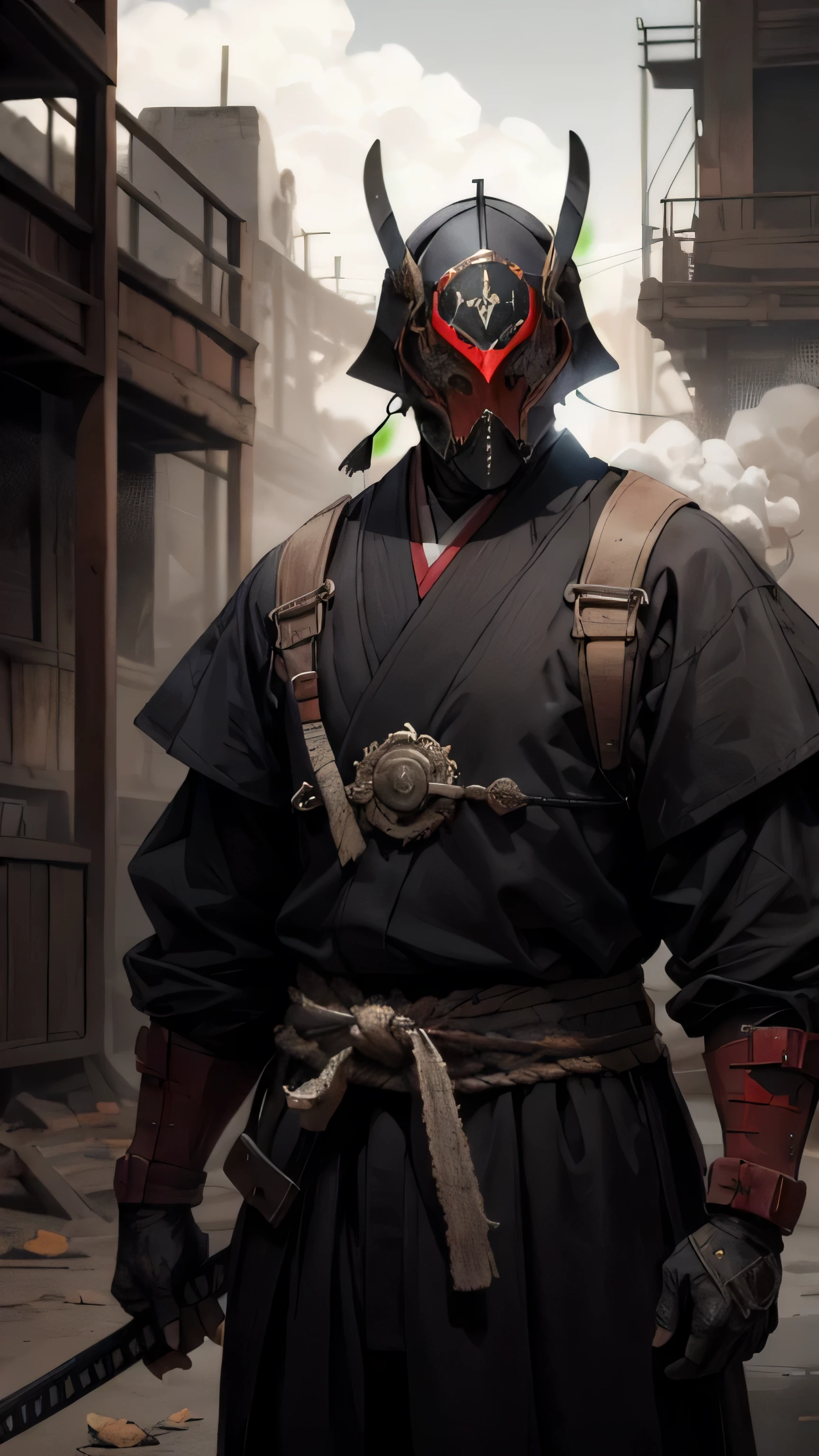 fallen samurai,ascuas,gloomy and creepy atmosphere,red samurai,dramatic lighting,Armadura roja agrietada, Detalles intrincados,Una batalla perdida,Gloria que se desvanece,sombras fantasmales,fondo brumoso,Face under the mask,Casco majestuoso,Una figura,humo ascendente,Destino condenado,gloomy ruins,majestic composition,Honor militar,soledad,Firefighting,Una presencia siniestra,ceniza y humo,Tierra ensangrentada,armadura desgastada,determination,Glifo de coraje,The end of the samurai era,Un campo de batalla devastado, parado en medio del campo de batalla [paleta de colores apagados],[tonos tenues],[Intrusive atmosphere:0.9]