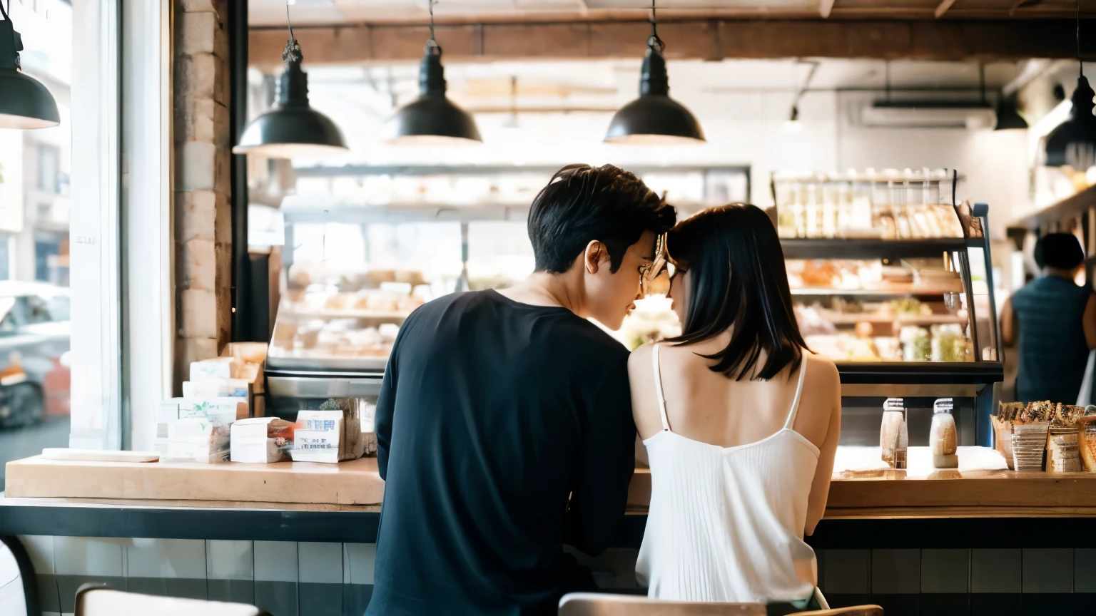 Back view of a couple leaning against each other in a cafe　White