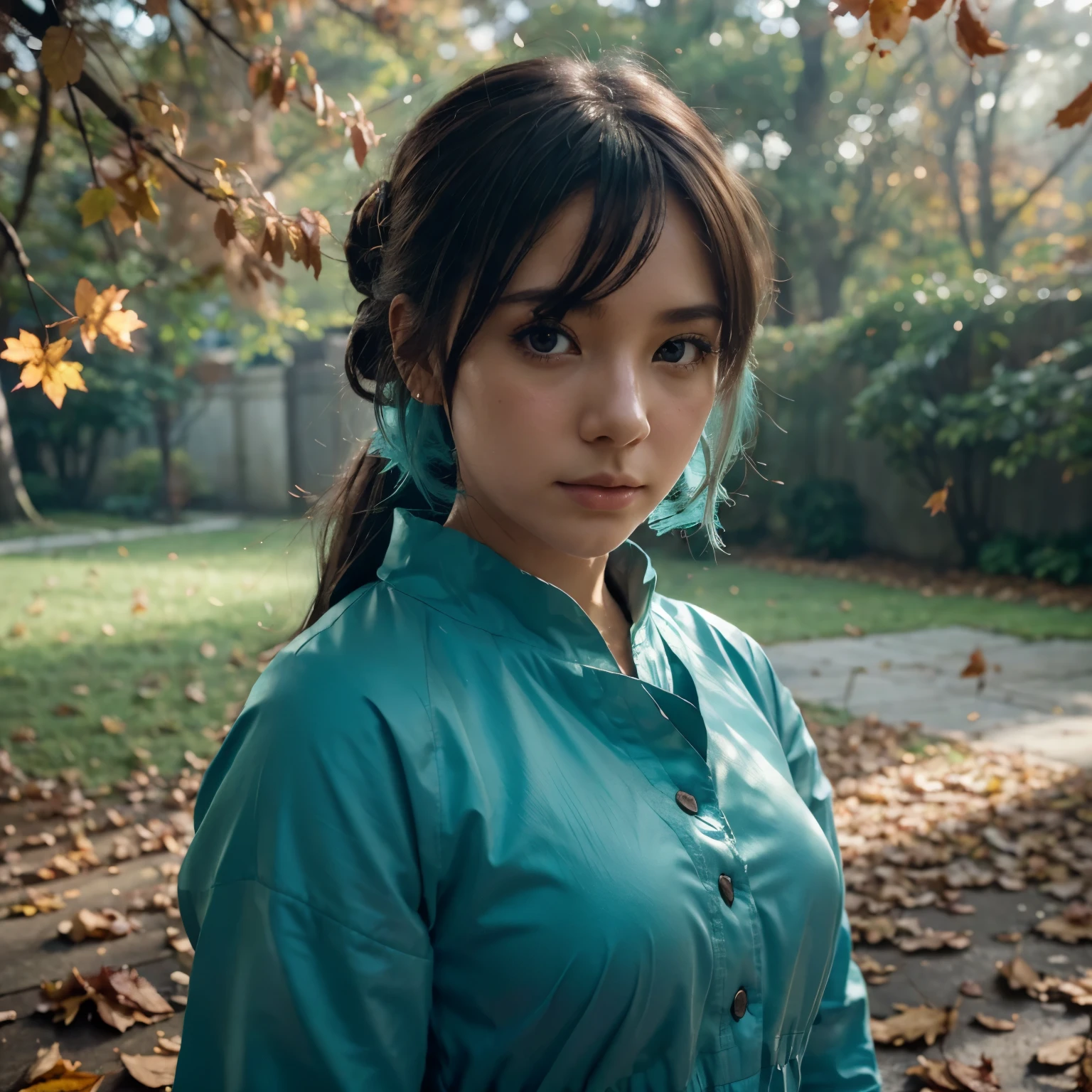 (High Detail:1.2)Anime Girl,(Movie Lighting,Delicate colors),(Fallen Leaves:1.2), Soft lighting, Wind, FOG. turquoise, Delta Shade. no banner