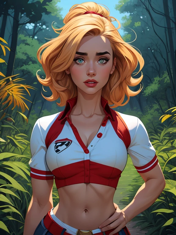 Personagem mulher PinUp dos anos 30 com marcas de guerras Imagem de desenho animado de uma mulher .cartoon style illustration, estilo de arte dos desenhos animados, estilo de arte dos desenhos animados, digital illustration style, design de personagens altamente detalhado, arte digital detalhada coragem, Forest fan art, Design de personagens de retrato, beautiful digital illustration, retrato de alta qualidade, Arte em quadrinhos, mulher jovem cabelo com transas lindas . Beautiful lined eyes Medium large bust and wonderful sexy clothes. image expression of sexual desire from the waist to the illustration Jennifer Connelly Fallout 23 uniform