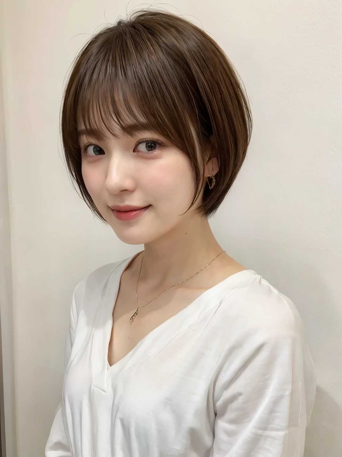 (highest quality、8k、32k、masterpiece、Hmph:1.2)、Photo of beautiful Japan woman in her 30s、very short hair、short hair、Shortcuts、Upper Body、necklace、Shooting from the sky、Don'Don't look at the camera、(Realistic、Photorealistic:1.37)、1 girl、Photographed in natural light、Physically Based Rendering、Excellent image quality、High resolution、1080p、(Detailed facial depiction)、(Detailed description of the hands)、(Detailed CG)、Rich details、(exquisite features)、(Best image quality)、(masterpiece)、(Beautiful Eyes)、Delicate clavicle、Various poses、profile、White wall、Taken in front of a white door、(窓のあるWhite wallの部屋)、Earrings、Laughter、Spring Clothes、((Long sleeve dress))、Look Down、Downward