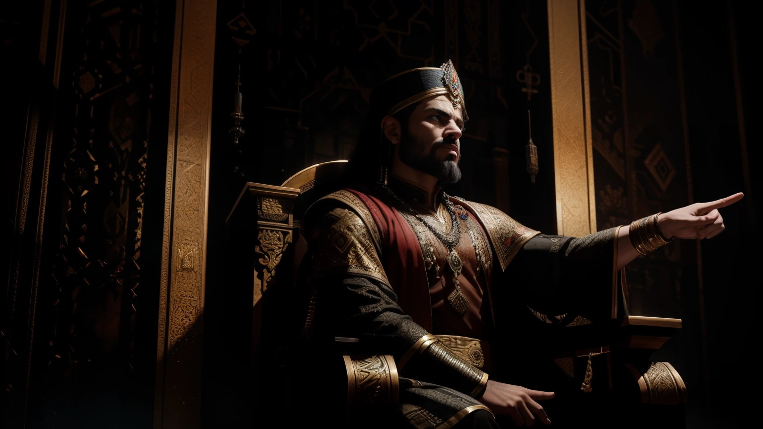 4k, unreal engine, a persian king sitting on his throne and pointing finger with his hands raised in his great throne room 