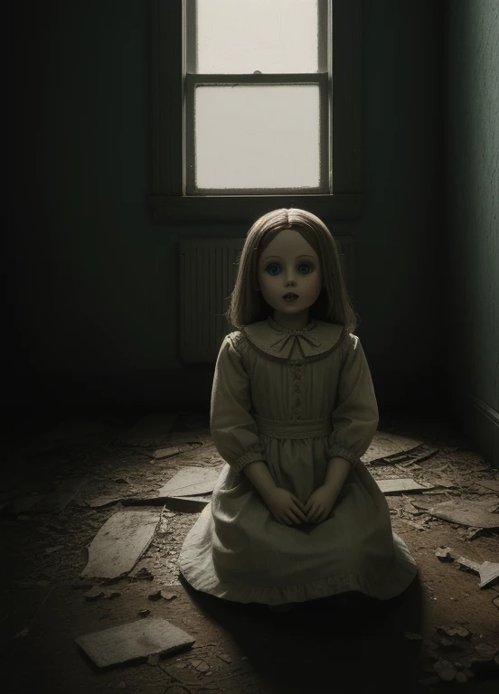 A digital artwork in the style of classic horror paintings with a nightmarish glitch art twist. Imagine a dilapidated 's bedroom, dust motes swirling in a faint shaft of moonlight filtering through a boarded-up window. A porcelain doll sits propped against the wall, its vacant eyes locked on the viewer.  Static distorts the room, glitching the wallpaper into monstrous visages and causing the floorboards to writhe and churn.  A single, bloodshot teardrop rolls down the doll's cheek, and a disembodied whisper, barely audible yet filled with malice, chills the air. The overall mood is one of suffocating dread and a lurking unseen presence.