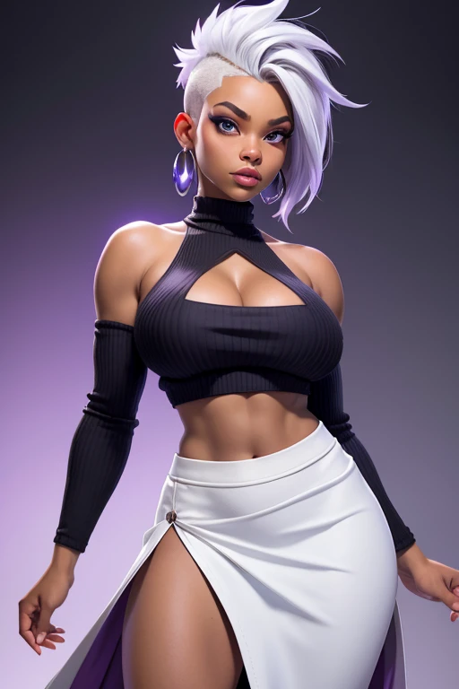 Nia Long as ororo munroe black skin, punk white mohawk hair , blue eyes, big breasts, ethnic purple long skirt!, cotton beige sweater with a large cleavage and exposed shoulders,  covered navel, cropped legs, cotton, black skin, front view!, purple long skirt, white background, realistic colors, front view, light coming from the right, 8K image quality, Masterpiece