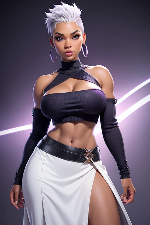 Nia Long as ororo munroe black skin, punk white mohawk hair , blue eyes, big breasts, ethnic purple long skirt!, cotton beige sweater with a large cleavage and exposed shoulders,  covered navel, cropped legs, cotton, black skin, front view!, purple long skirt, white background, realistic colors, front view, light coming from the right, 8K image quality, Masterpiece