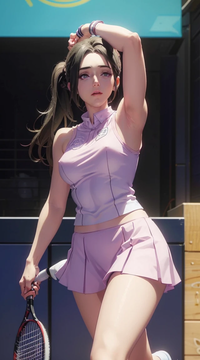 light purple eyes, shoulder length hair, black hair, bangs, ponytail, beautiful, beautiful woman, perfect body, perfect breasts, wearing a tennis outfit, wearing a tennis hat, being on the tennis court, holding a tennis racket, looking at the audience, a slight smile, realism, masterpiece, textured leather, super detailed, high detail, high quality, best quality, 1080p, 16k, armpit, arm up, nsfw, no bra, breasts, nipples, breasts outside, spread leg, no panties,