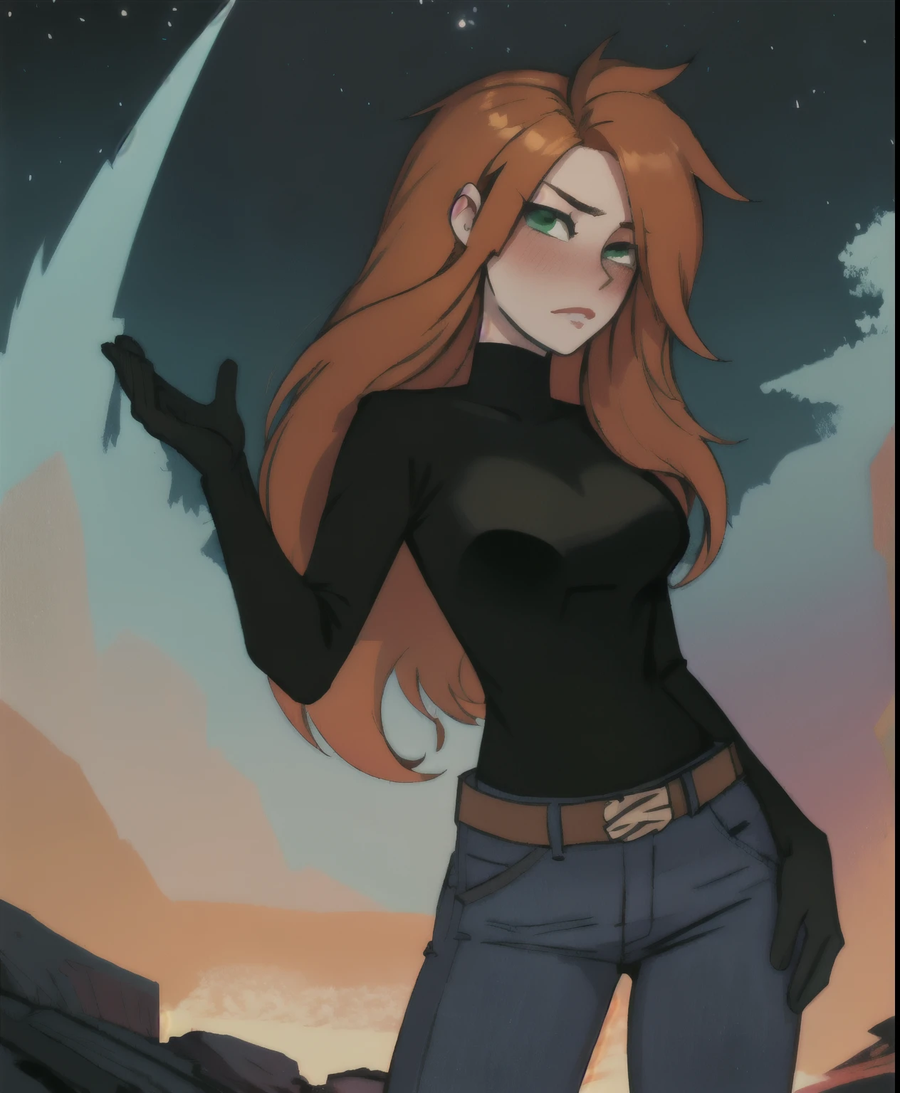 Original art, linear, ink, One, green eyes, long hair, orange hair, Kim, May be, jeans, black top, black gloves, medium reef, belt, Night Sky Background, sexual expression, blush, hearts in the eyes, , unbuttoned