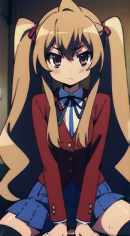 masterpiece,absurdres,best quality,high quality,1girl,aisaka taiga,twintails,blue skirt,,pleated skirt,black ribbon,thighhighs,red jacket,sitting,looking at viewer,(flat chest:1.1) ),upper body,(pussy:1.1),niplles,(vaginla sex:1.2),