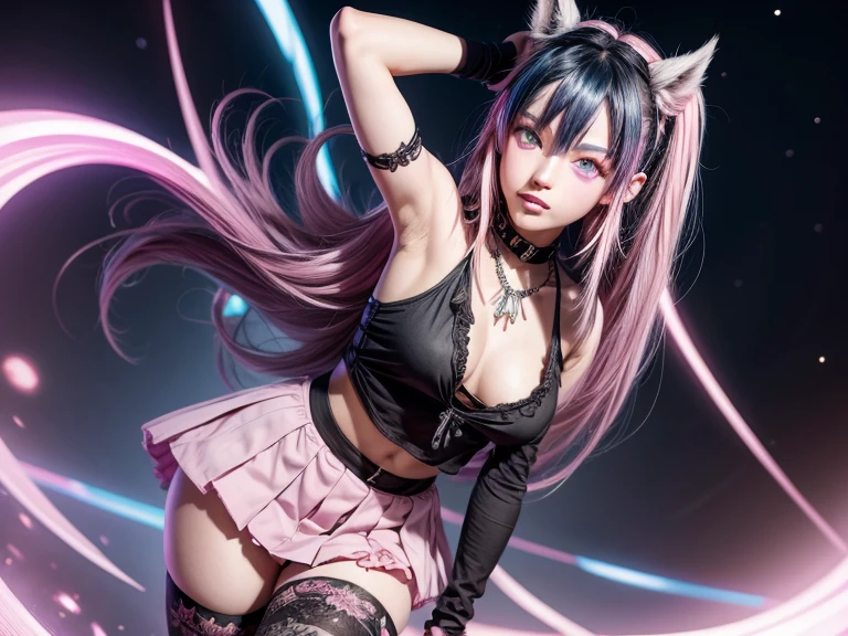 ibukimioda, ibuki mioda, black hair, blue hair, hair horns, ear piercing, lip piercing, long hair, multicolored hair, (pink eyes:1.5), pink hair, white hair,
BREAK asymmetrical legwear, black skirt, blue thighhighs, jewelry, mismatched legwear, neckerchief, necklace, piercing, pleated skirt, ring, , serafuku, shirt, skirt, thighhighs, torn clothes, torn thighhighs, zettai ryouiki,
looking at viewer, solo, night sky, forest, arms behind head, contrapposto, spread armpits, grin, cowboy shot,
(masterpiece:1.2), best quality, high resolution, unity 8k wallpaper, (illustration:0.8), (beautiful detailed eyes:1.6), extremely detailed face, perfect lighting, extremely detailed CG, (perfect hands, perfect anatomy),