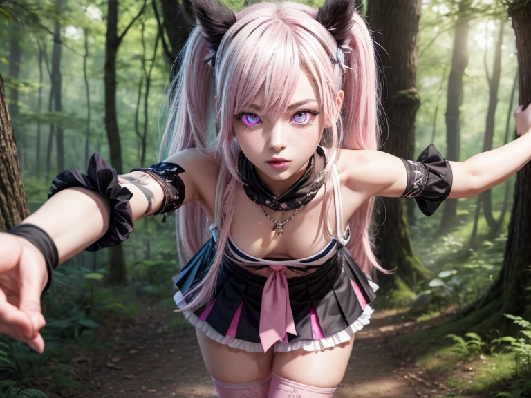 ibukimioda, ibuki mioda, black hair, blue hair, hair horns, ear piercing, lip piercing, long hair, multicolored hair, (pink eyes:1.5), pink hair, white hair,
BREAK asymmetrical legwear, black skirt, blue thighhighs, jewelry, mismatched legwear, neckerchief, necklace, piercing, pleated skirt, ring, , serafuku, shirt, skirt, thighhighs, torn clothes, torn thighhighs, zettai ryouiki,
looking at viewer, solo, night sky, forest, arms behind head, contrapposto, spread armpits, grin, cowboy shot,
(masterpiece:1.2), best quality, high resolution, unity 8k wallpaper, (illustration:0.8), (beautiful detailed eyes:1.6), extremely detailed face, perfect lighting, extremely detailed CG, (perfect hands, perfect anatomy),
