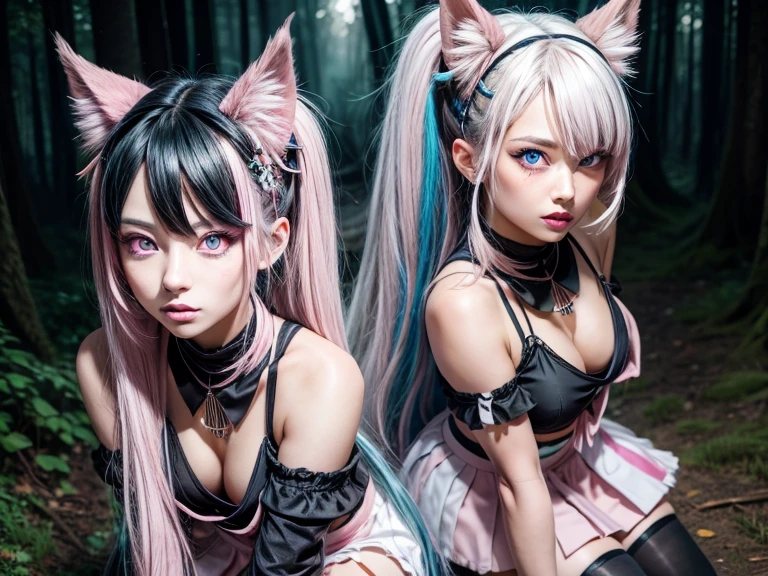 ibukimioda, ibuki mioda, black hair, blue hair, hair horns, ear piercing, lip piercing, long hair, multicolored hair, (pink eyes:1.5), pink hair, white hair,
BREAK asymmetrical legwear, black skirt, blue thighhighs, jewelry, mismatched legwear, neckerchief, necklace, piercing, pleated skirt, ring, , serafuku, shirt, skirt, thighhighs, torn clothes, torn thighhighs, zettai ryouiki,
looking at viewer, solo, night sky, forest, arms behind head, contrapposto, spread armpits, grin, cowboy shot,
(masterpiece:1.2), best quality, high resolution, unity 8k wallpaper, (illustration:0.8), (beautiful detailed eyes:1.6), extremely detailed face, perfect lighting, extremely detailed CG, (perfect hands, perfect anatomy),