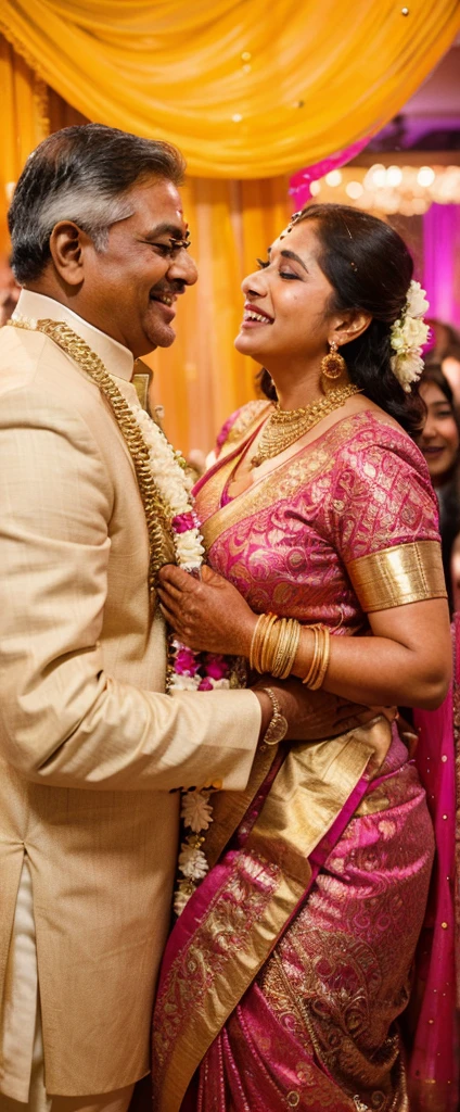 A radiant South Indian aunty, with her curvaceous figure and sparkling gold jewelry, envelops a group of jubilant people with 55 year old groom in a joyous embrace on their wedding night, captured in a full body image with vibrant colors and intricate details.