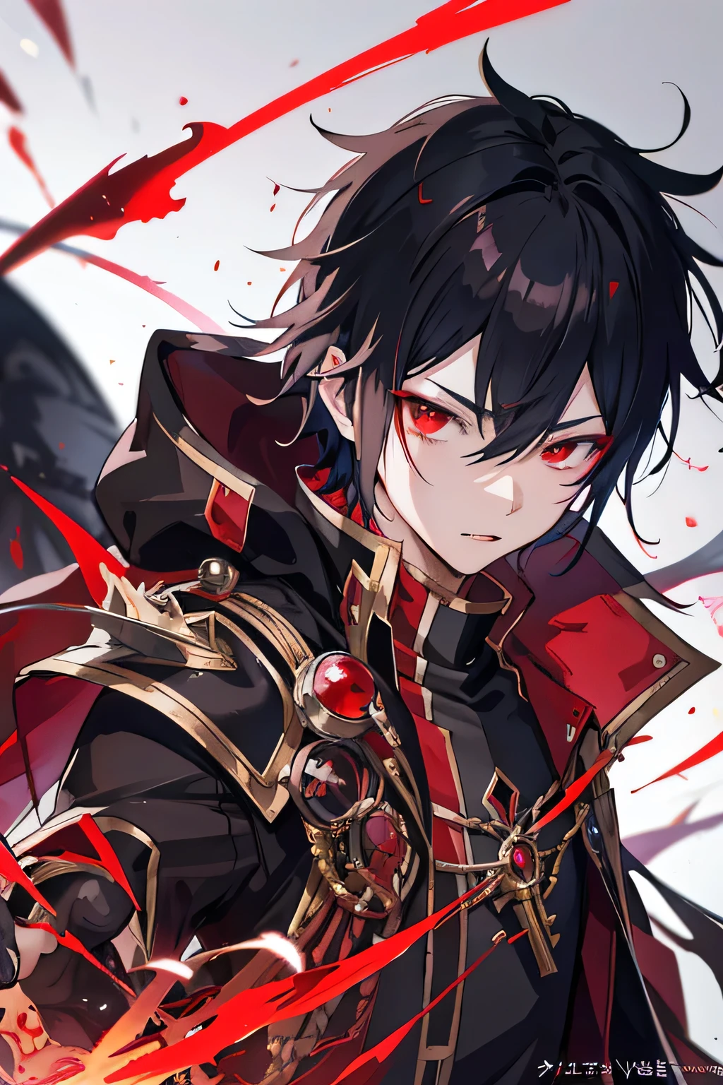 Anime boy with red light in hand, shadow young wizard, Epic anime style, anime key artโดยละเอียด, Shadowverse style, Fantasy style anime, devil man, anime key art, Red eyes, black hair, commander&#39;s uniform Whoever is strong fighting