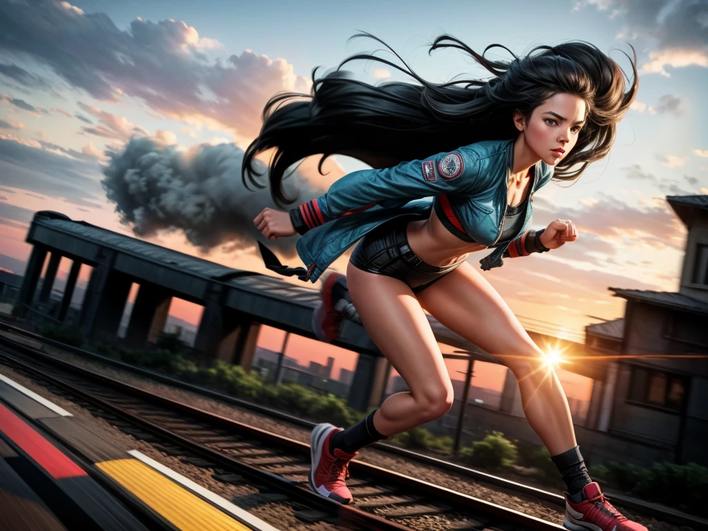 (best quality,4k,highres,masterpiece:1.2),ultra-detailed,(realistic,photorealistic,photo-realistic:1.37),a girl running on the roof of a speeding train with ((motion blur effect)), [train], [speed], [roof], long hair flowing in the wind, [blurred background], [adventure], [excitement], [dynamic], [vibrant colors], [sunset lighting], [rush], [freedom], [passion], [fast-paced], [daring], [fearless], [dreamy], [thrilling], [fantastic], [action-packed]