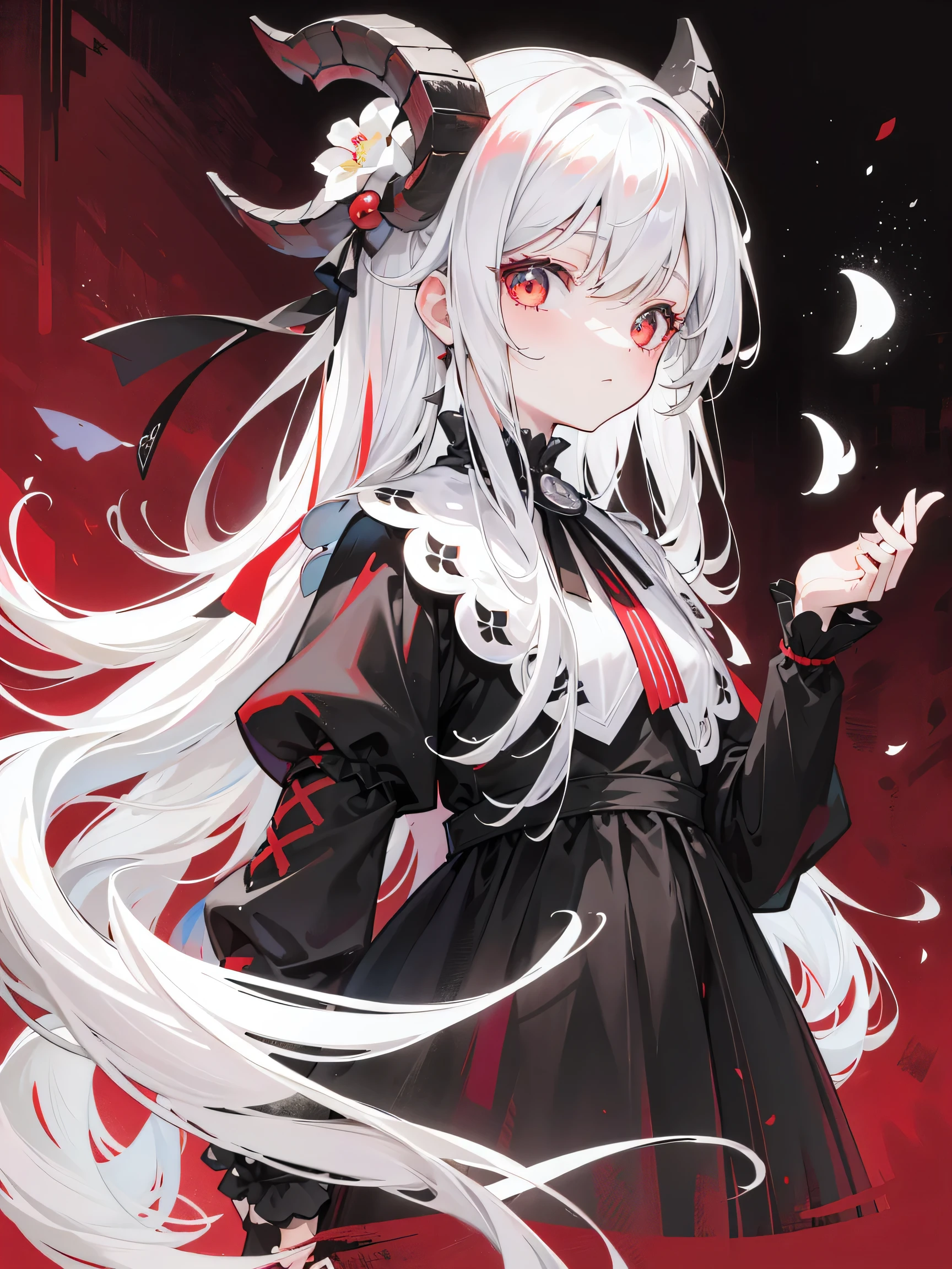 masterpiece, highest quality, Flat Color, Limited edition palette, Low contrast, One Girl、Long, pure white hair, Licorice flower, goat skull, (red, black)