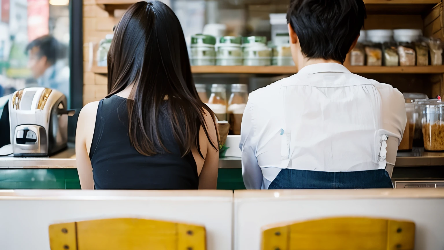 Back view of a couple leaning against each other in a cafe White