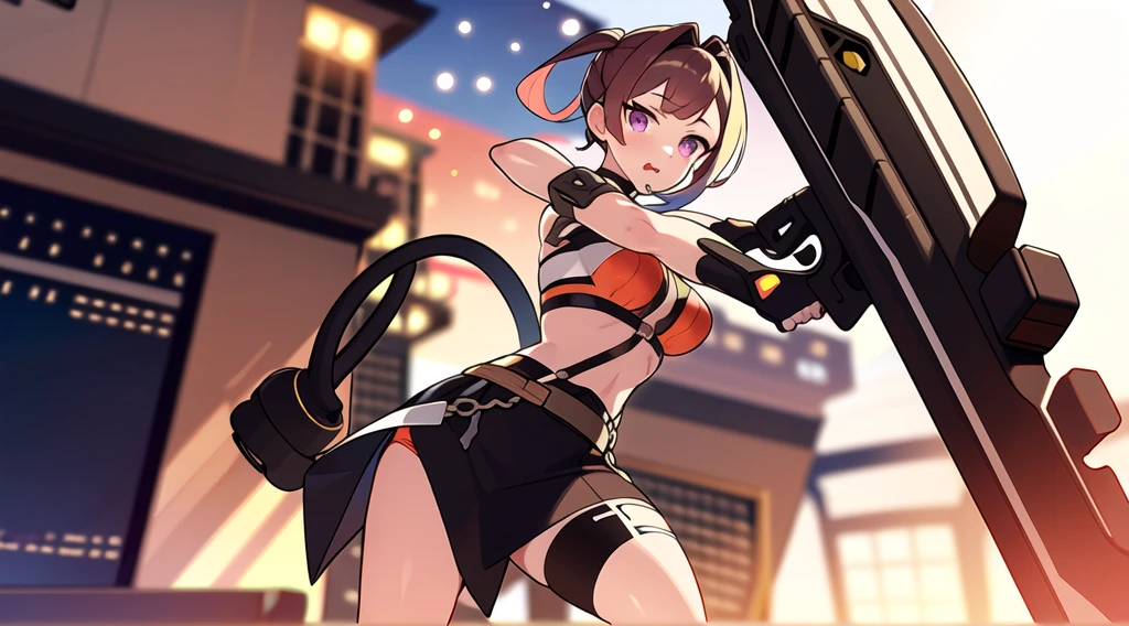 colorful , masterpiece, best quality, 1girl, weapon, solo, holding weapon, ((blurry background)), bare shoulders, variety of color clothes, variety of hairstyles, bra top, lowleg panties, orange, green, violet, brown, white, blurry background,
