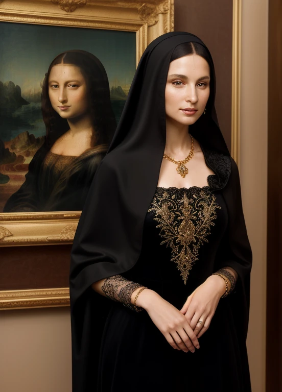 Picture Mona Lisa as a couture-inspired nun, wearing a floor-length black gown with intricate lace detailing and an exaggerated train. The gown is adorned with golden embroidery and Swarovski crystal accents. Accessorize with a delicate gold and diamond necklace from Bulgari and matching diamond earrings from Chopard. Mona Lisa's pose exudes a sense of divine elegance and grace.