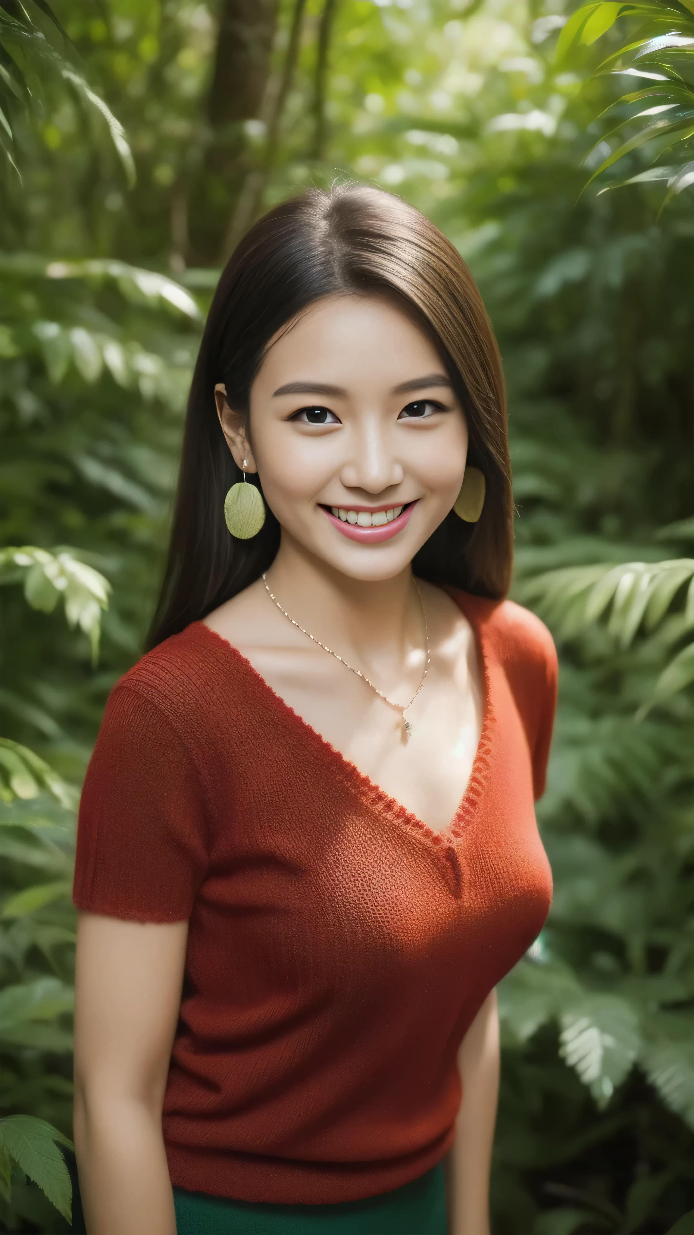 Hostess&#39;s face、Married women、Married Woman、Beauty、Red knitted shirt、skirt、high quality、Super Ultra Realistic、healthy、smile、Perfect figure、Japanese Beauty、 necklace、Earrings、Perfect eyes, beautiful skin、Upper Body、looking at the camera、Dense forest、jungle