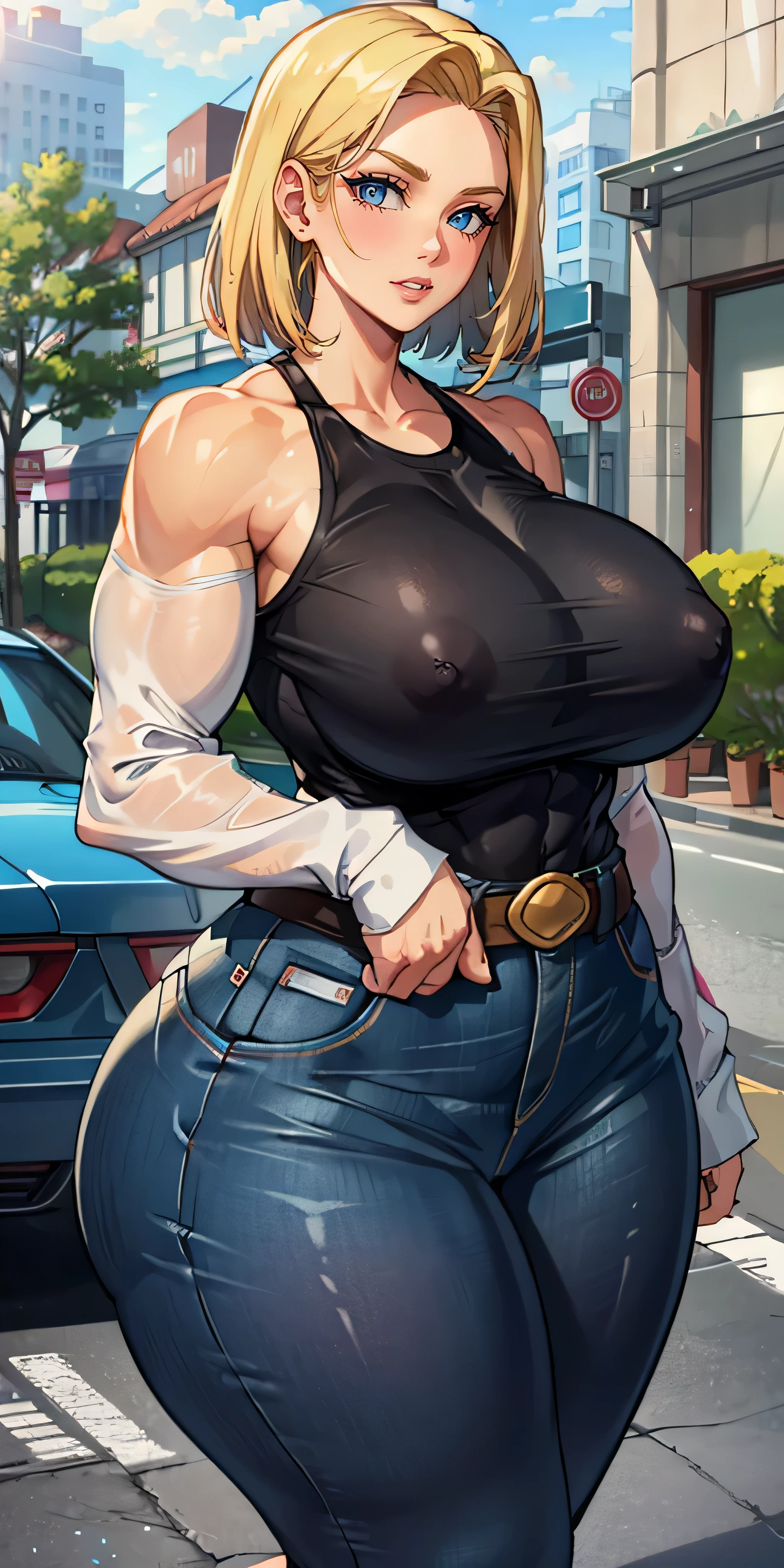 unparalleled masterpiece ever, ultra realistic 8k cg, erfect artwork, (1girl in:1.1) , solo, ((The perfect female figure)), ((((Massive Female Bodybuilder)))), (((huge muscular ass))), ((wide hips)), (slim waist), (((wide shoulders))), ((((Huge breasts)))), (NSFW), Look at viewers, maturefemale, (Ridiculously huge breasts:1.5)、Bimbo (Android 18) is standing, (banter), top-quality:1.1 , enchanting posture, sexy pose, enticing, (Beautiful fece), (Curvaceous), (thick), blonde  hair, (blue eyess:1.2), shorth hair, earrings, jewely, Denim Vest, open vest, Black pantyhose, Black shirt, denim skirt, long sleeves with stripes, a blue skirt、wide_hips:1.5、(shinny skin:1.2)、(HDR)、(street:1.2)、