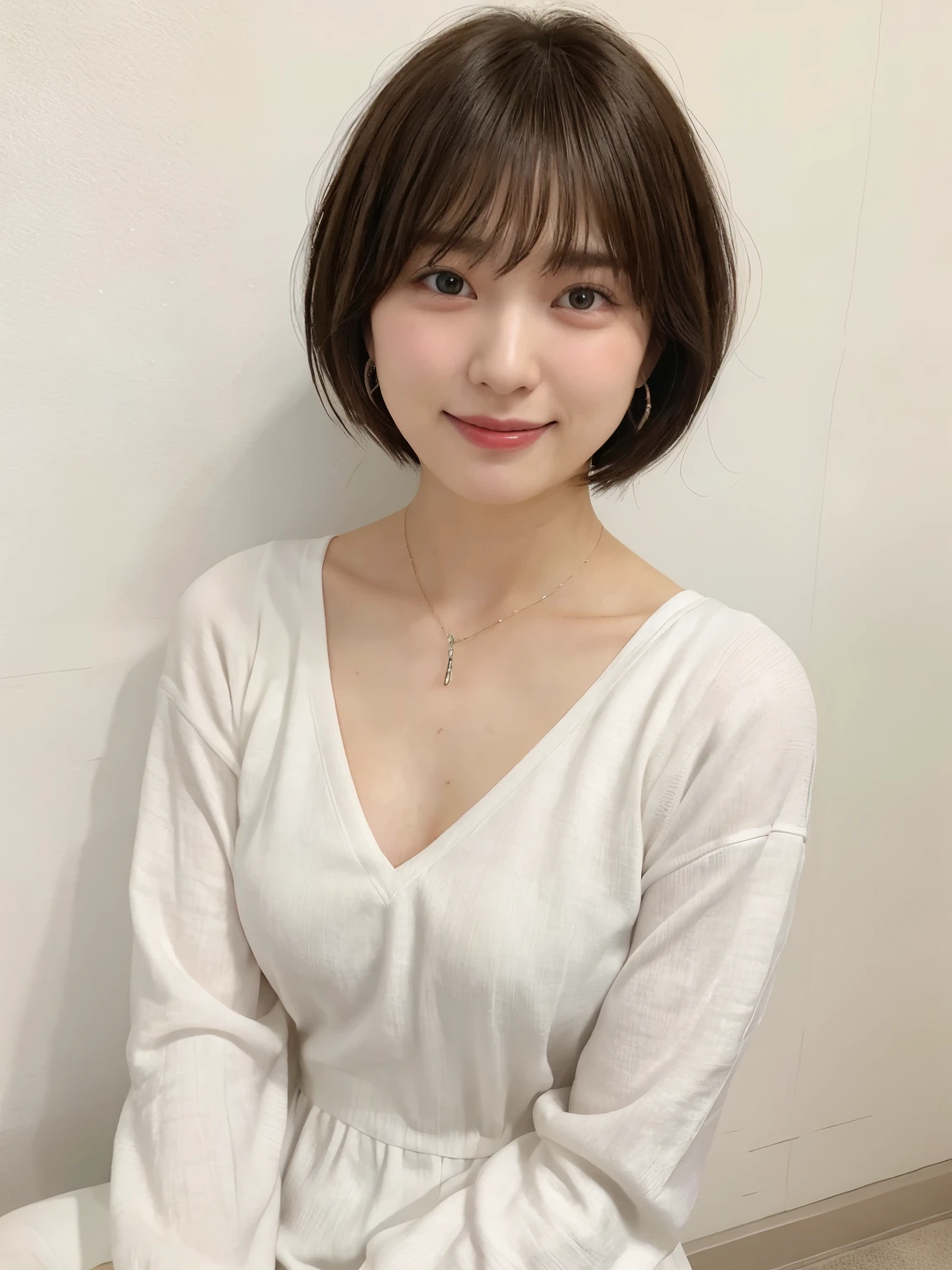 (highest quality、8k、32k、masterpiece、Hmph:1.2)、Photo of beautiful Japan woman in her 30s、very short hair、short hair、Shortcuts、Upper Body、necklace、Shooting from the sky、Don&#39;Don&#39;t look at the camera、(Realistic、Photorealistic:1.37)、1 girl、Photographed in natural light、Physically Based Rendering、Excellent image quality、High resolution、1080p、(Detailed facial depiction)、(Detailed description of the hands)、(Detailed CG)、Rich details、(exquisite features)、(Best image quality)、(masterpiece)、(Beautiful Eyes)、Delicate clavicle、Various poses、profile、White wall、Taken in front of a white door、(窓のあるWhite wallの部屋)、Earrings、Laughter、Spring Clothes、((Long sleeve dress))、Look Down、Downward