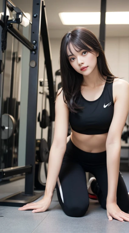 black hair , best quality, Illustration, ultradetailliert, Feines Detail, A high resolution, 8K-Hintergrundbild, Perfekte dynamische Komposition, beautiful detailed eyes, natural lips, Sexy jogging , Dekollete, random sexy pose at the gym , full body