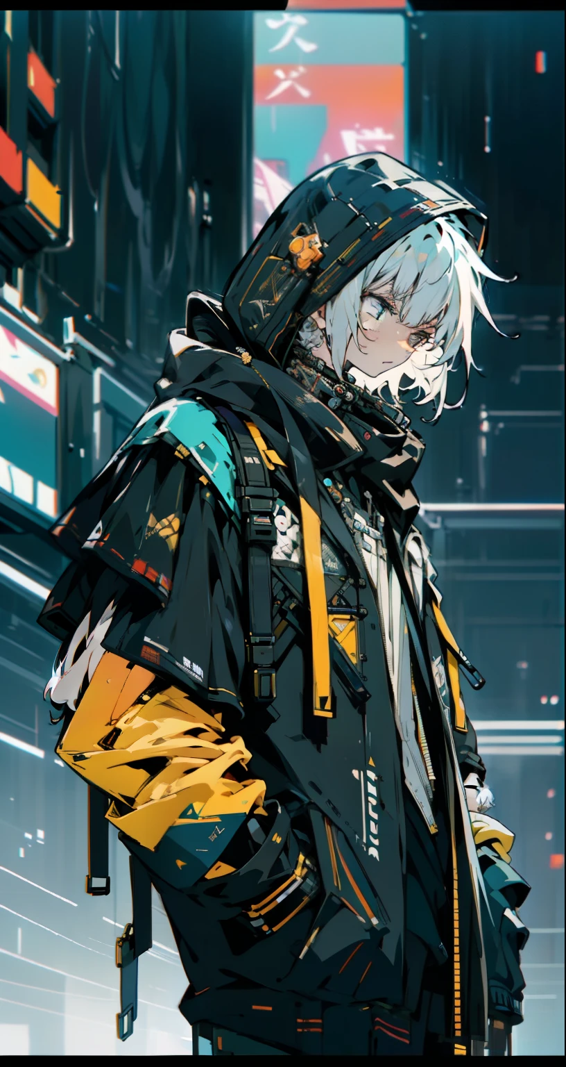 Boy, short hair, wearing cyberpunk hoodie, white hair, standing on top of a tall building where the whole city is visible, night time,high angle view,clear eyes,definite eyes,intelligible details,unequivocal,perceptible,manifest,limpid unmistakable,noticeable,unblurred,itemized,particularized; exhaustive,thorough,comprehensive,detailed face,great art,amazing art,amazing skill,incredible skill,wonderful art,amazing artwork,fantastic art,incrediblegraphics,mind blowing creativity,stunning masterpiece