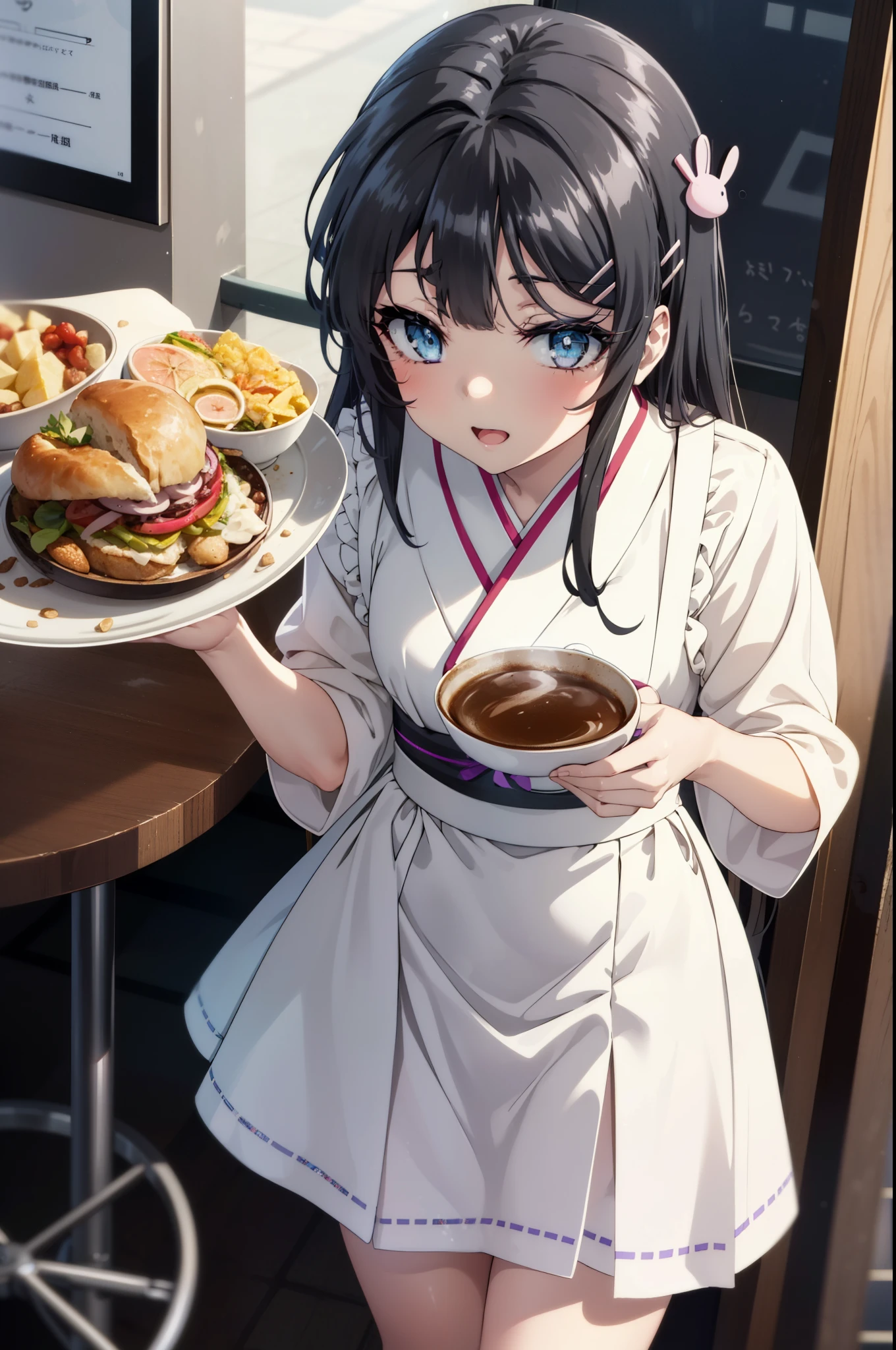 maisakurajima, Mai Sakurajima, Long Hair, bangs, (Black Hair:1.5), hair ornaments, (Purple eyes:1.1), Hair Clip, rabbit hair ornaments,time Daytime,Clear skies,Light of the sun,
happy smile, smile, Open your mouth,blush,Idol-style white kimono,long furisode,White mini skirt,White tights,Sandals,tray, tray in one hand,A beautiful waitress with Long Hair comes to the table to take our order,It's as if your whole body is in the illustration.,Maid Headless, break looking at viewer, (Cowboy Shot:1. 5) , break indoors, coffee shop, break (masterpiece:1.2), highest quality, High resolution, unity 8k wallpaper, (shape:0.8), (Beautiful and beautiful eyes:1.6), Highly detailed face, Perfect lighting, Extremely detailed CG, (Perfect hands, Perfect Anatomy),