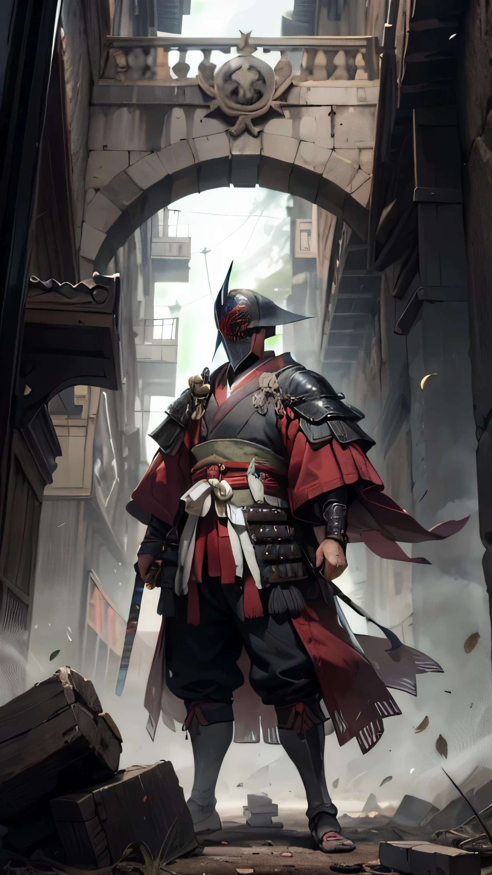fallen samurai,ascuas,gloomy and creepy atmosphere,red samurai,dramatic lighting,Armadura roja agrietada, Detalles intrincados,Una batalla perdida,Gloria que se desvanece,sombras fantasmales,fondo brumoso,Face under the mask,Casco majestuoso,Una figura,humo ascendente,Destino condenado,gloomy ruins,majestic composition,Honor militar,soledad,Firefighting,Una presencia siniestra,ceniza y humo,Tierra ensangrentada,armadura desgastada,determination,Glifo de coraje,The end of the samurai era,Un campo de batalla devastado, parado en medio del campo de batalla [paleta de colores apagados],[tonos tenues],[Intrusive atmosphere:0.9]