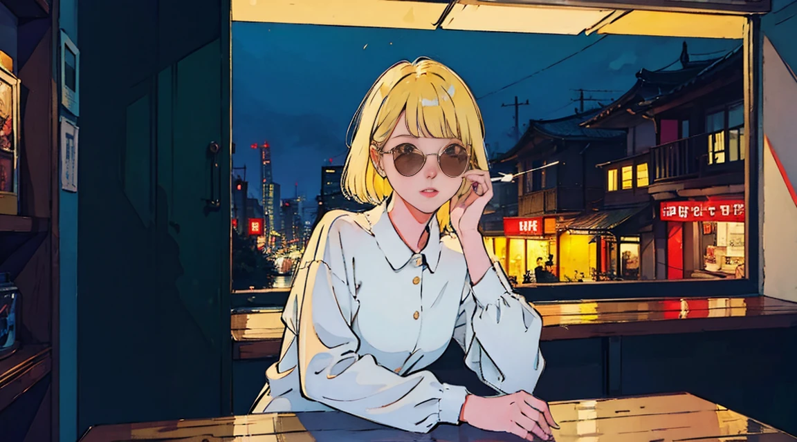 Beautiful blonde Asian girl sitting in a restaurant at night, Visible from the window, Perfect Face, sunglasses, Smoking white Taylormade cigarettes, neon black, (Backlit: 1.1), Hard Shadows, masterpiece, highest quality, Complex, Model shooting style, Vintage, Film Grain, incomplete details