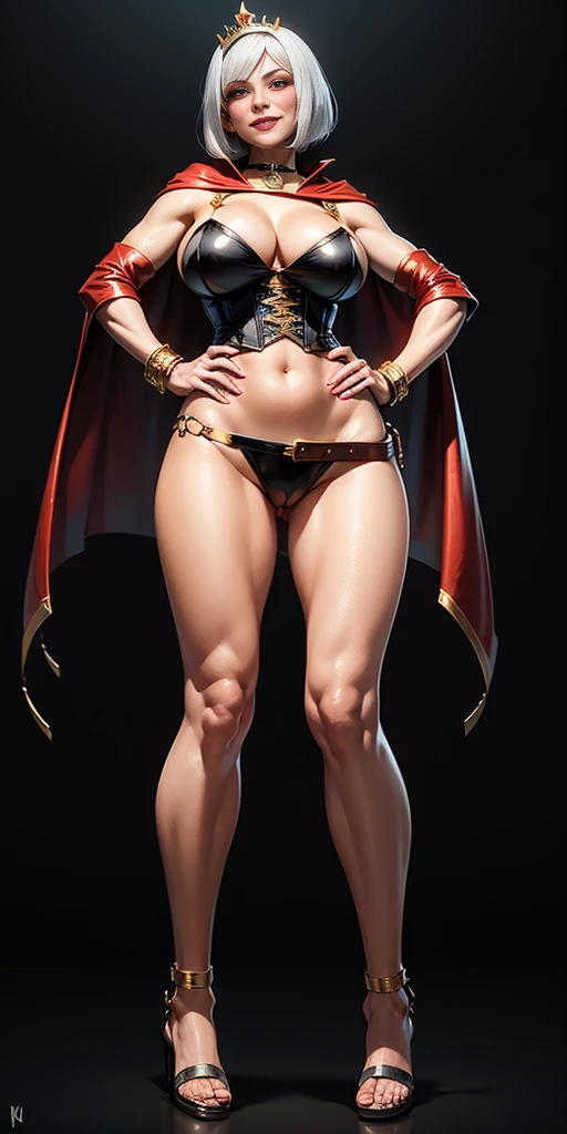 ((BLACK BACKGROUND,1:2, masterpiece)), full body MILF BIMBO standing with two long thighs and two high heels, red eyes, silver white hair, short bob style hair, big breasts, cleavage, separate sleeves, tiara royal, long cape up to two feet, yellow bikini, hands on waist, navel, lustful smirking smiling, smile face (red blushed, red cheeks), metal shoulders, gold sleeveless armbands, black leather choker slave collar, shackle bracelets, sex slave red crest, full body MILF BIMBO standing with two long thighs and two metal sandals, red eyes, silver white hair, short bob style hair, big breasts, cleavage, separate sleeves, tiara royal, long cape up to two feet, yellow bikini, hands on waist, navel, lustful smirking smiling, smile face (red blushed, red cheeks), metal shoulders, gold sleeveless armbands, black leather choker slave collar, shackle bracelets, sex slave red crest, pauldrons, breastplate, corset, eye focus, full body, whole body. 1solo . slave fighter, loincloth standing, hands on hips, metal sandals, backpack, choker, big belt, view from below, feet together, bracers, tiara)