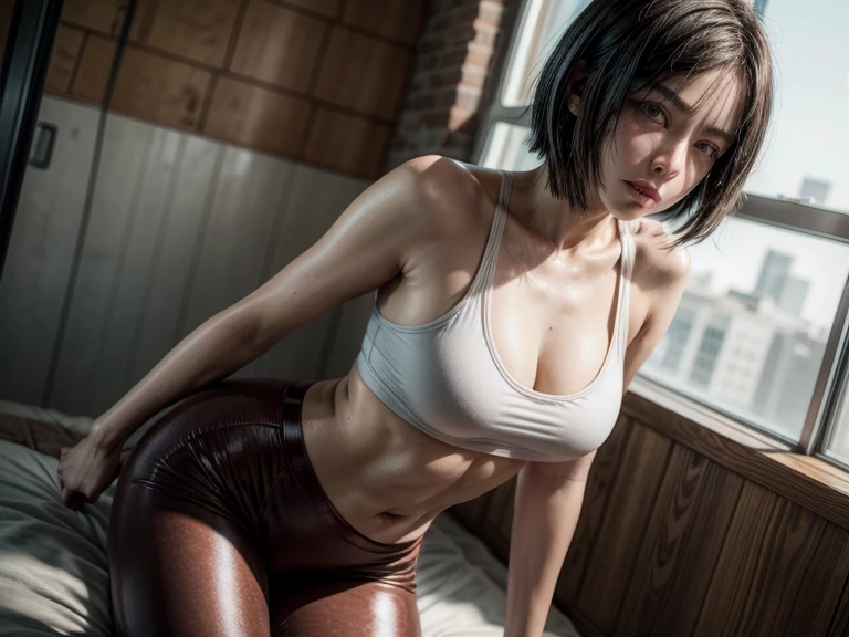 mikasa ackerman, Attack on Titan character, black messy short hair with long bangs, Beautiful cute face, Charming, sexy facial expression, Sexy squint, Facing the camera, ((Skin color: white)), Body glare, ((Beautiful Female Eyes)), Cyan eyes, ((Perfect Sexy Figure)), Ideal body shapes, Slightly pumped abs, big thighs, ((Subtle and beautiful)), Sexy Wall Pose, ((sexy clothes: ((Brown)) Leggings and white sports bra)), background: Dark Room Yellow Brick Walls, Depth of field, ((ultra quality)), ((tmasterpiece)), ((clear image)), ((crisp details)), ((Realistic)), ((Professional Photo Session)), ((Clear Focus)), the anime, Colorfully drawn, NSFW