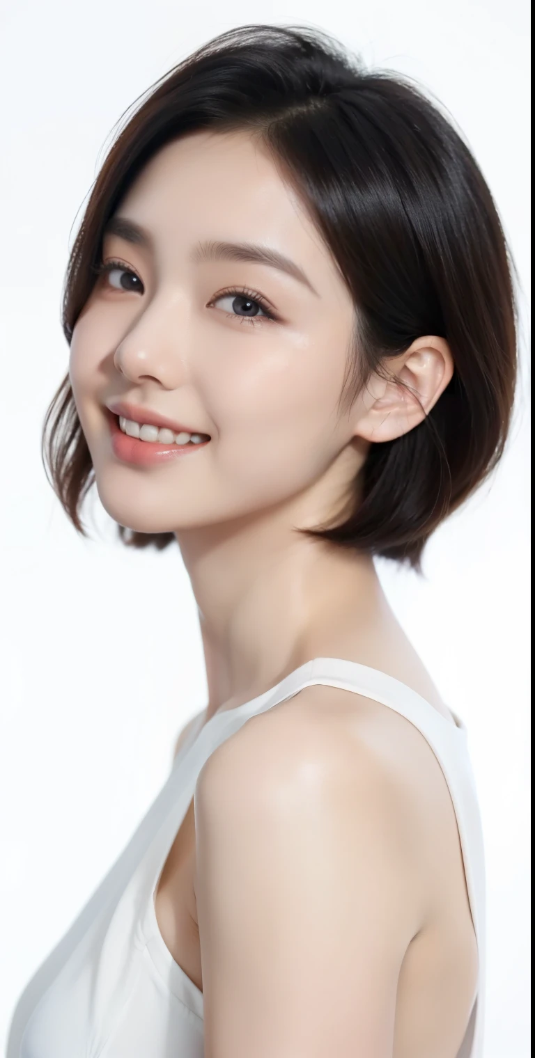 ((masterpiece, top quality, high definition)), one girl, (photorealistic: 1.4), solo, white background, snow-white background, ((from above, slightly above, looking up at the viewer, looking up, looking up at the camera, staring at the camera)), mouth closed, happy smile, happy smile, happy smile, pretty black hair, short hair, big eyes, clear double eyelids, eyelashes, ears out, long neck, long neck, absolute area, (draw all head, shoulders), 19 years old, attractive proportions, shiny skin, clean collarbone, face in golden proportions, perfect face, tearful mole, mole on chest, bangs, clean bangs, lip gloss, thin lips, fair skin, naked, big breasts, small face, small face, draw all head, draw all shoulders,