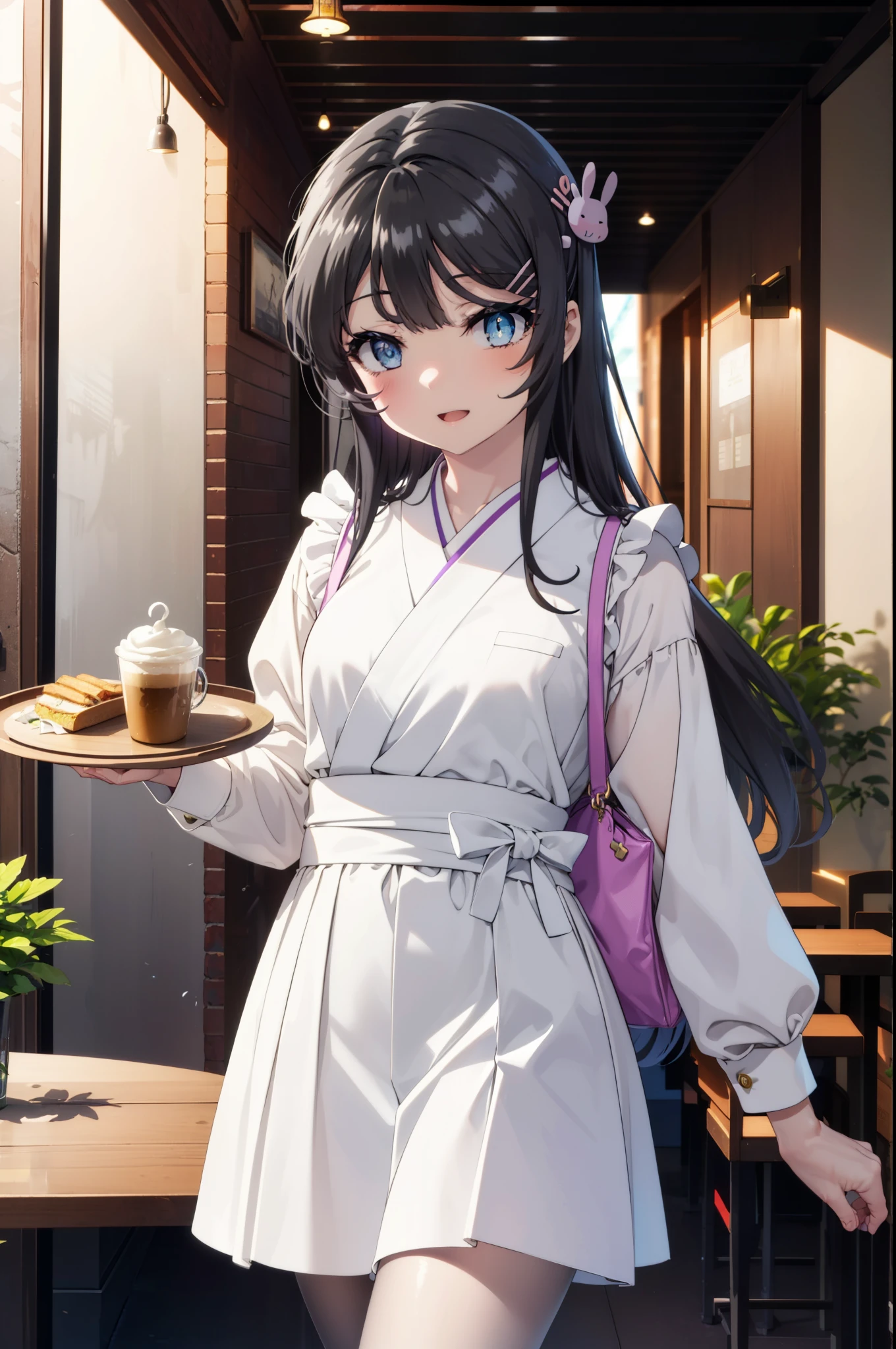 maisakurajima, Mai Sakurajima, Long Hair, bangs, (Black Hair:1.5), hair ornaments, (Purple eyes:1.1), Hair Clip, rabbit hair ornaments,time　Daytime,Clear skies,Light of the sun,
happy smile, smile, Open your mouth,blush,Idol-style white kimono,long furisode,White mini skirt,White tights,Sandals,tray, tray in one hand,A beautiful waitress with Long Hair comes to the table to take our order,It&#39;s as if your whole body is in the illustration.,Maid Headless, 　　　　　　　　　　　　break looking at viewer, (Cowboy Shot:1. 5) ,　　　　　　　　　　　　　　　　　　　　break indoors, coffee shop, break (masterpiece:1.2), highest quality, High resolution, unity 8k wallpaper, (shape:0.8), (Beautiful and beautiful eyes:1.6), Highly detailed face, Perfect lighting, Extremely detailed CG, (Perfect hands, Perfect Anatomy),