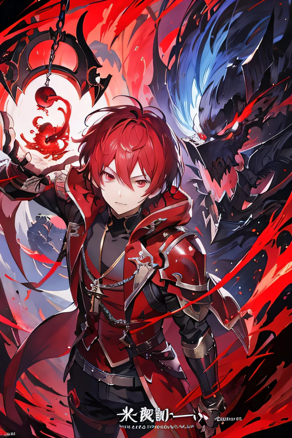 Anime boy with red light in hand, Epic anime style, Detailed anime key art, Shadowverse style, Fantasy style anime, devil man, short hair