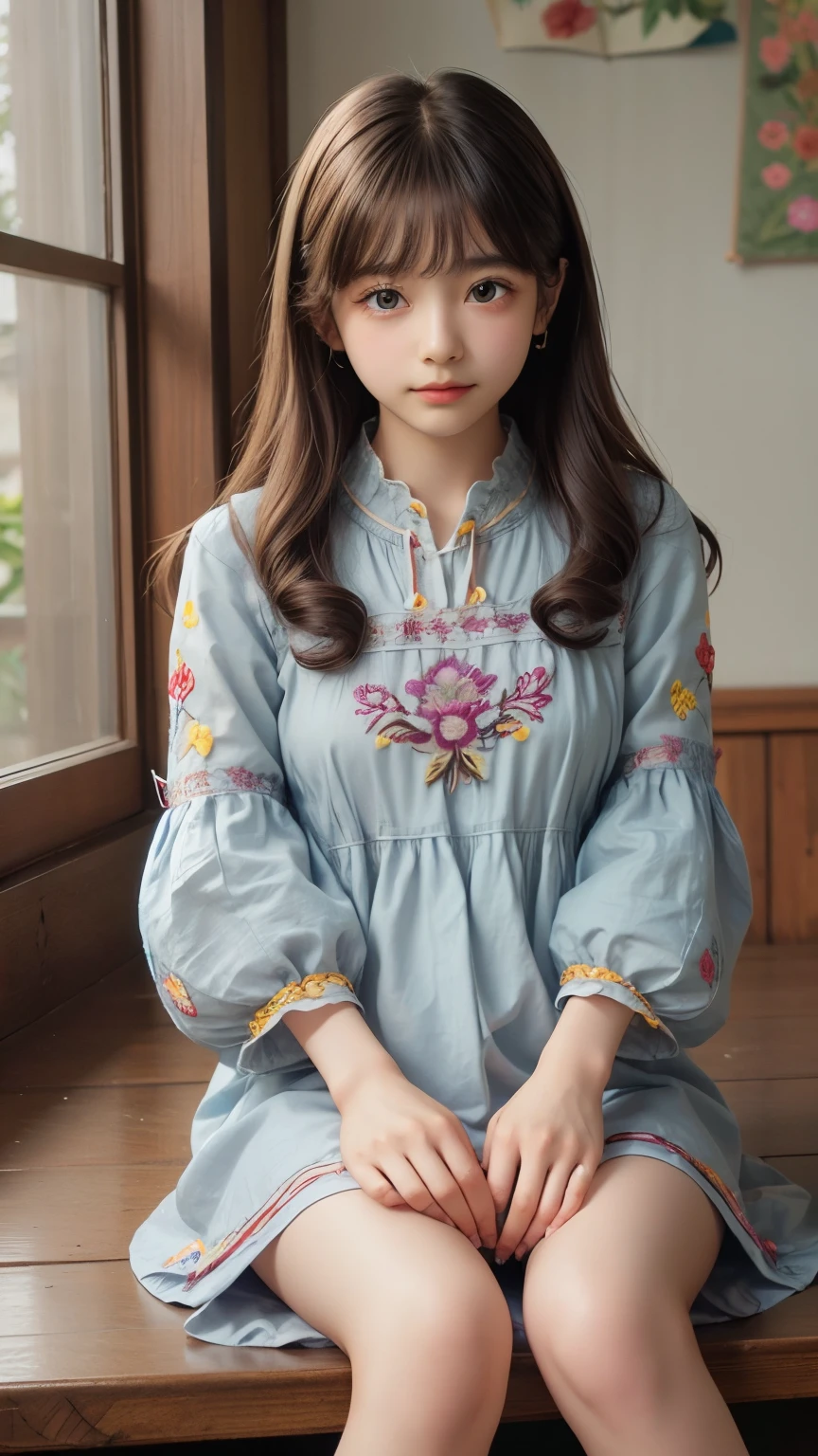 ((sfw: 1.4)), ((detailed face, professional photography)), ((sfw, (Ukraina embroidery smock dress:1.4), 1 Girl)), Ultra High Resolution, (Realistic: 1.4), RAW Photo, Best Quality, (Photorealistic Stick), Focus, Soft Light, (()), ((Japanese)), (( (young face))), (surface), (depth of field), masterpiece, (realistic), woman, bangs, ((1 girl))