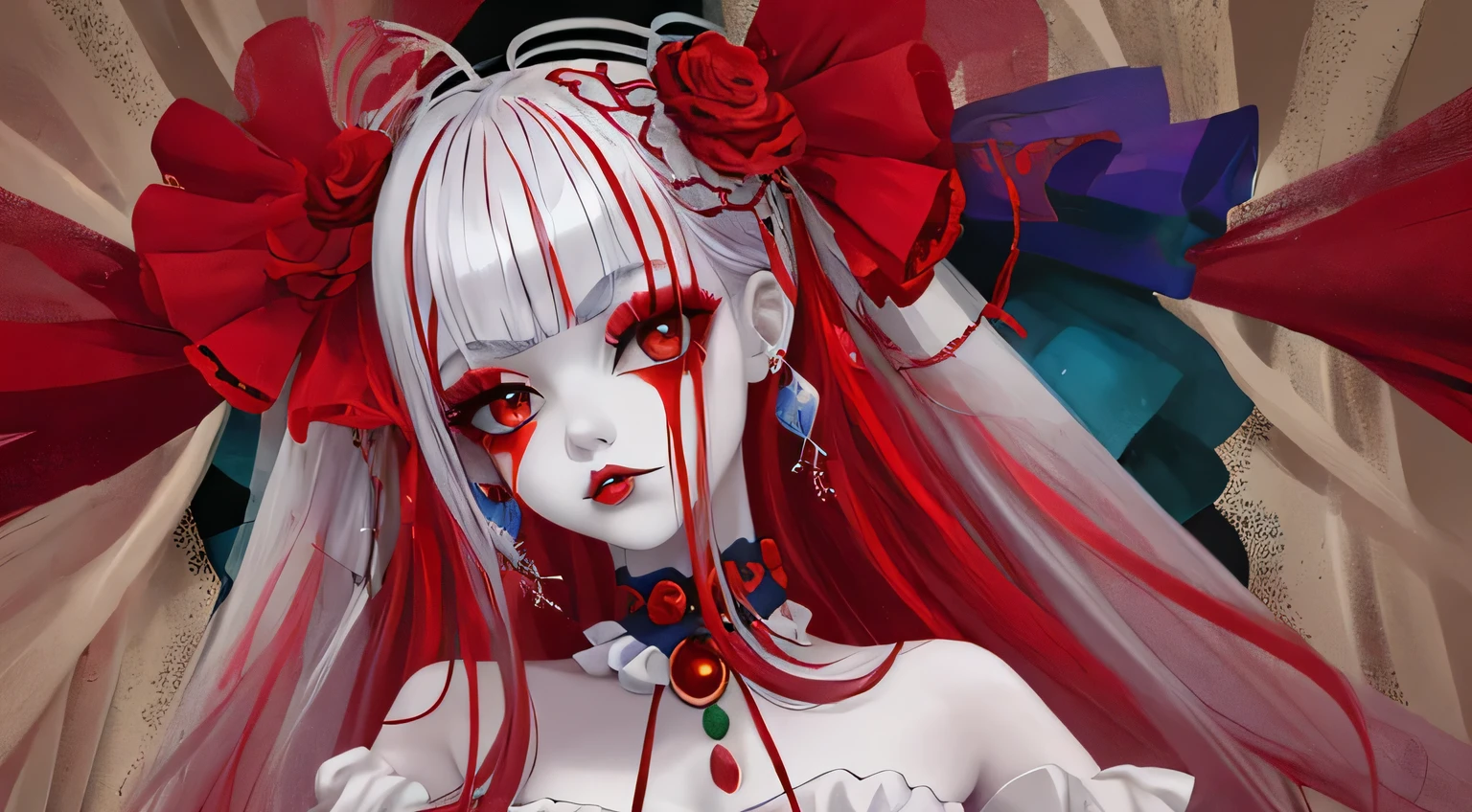 Crea una imagen de una chica payaso de frente a la camara con cabello blanco y rojo con labios de color rojos maquillaje de payaso y vestida con un traje de payaso con los colores rojos y amarillos