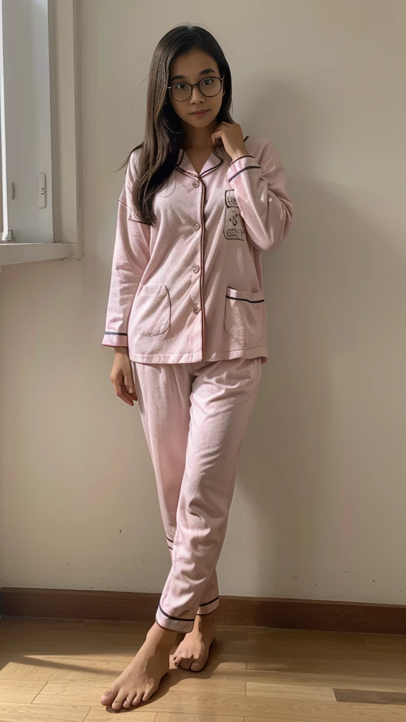 Girl, pajama clothes, full body, indonesian face, glasses