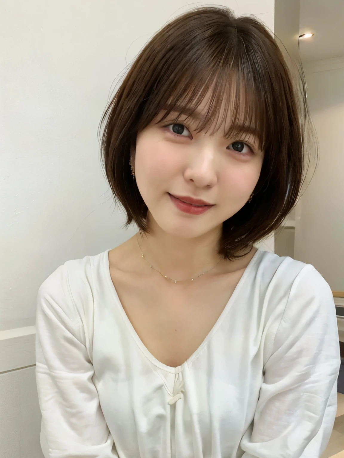 (highest quality、8k、32k、masterpiece、Hmph:1.2)、Photo of beautiful Japan woman in her 30s、very short hair、short hair、Shortcuts、Upper Body、necklace、Shooting from the sky、Don&#39;Don&#39;t look at the camera、(Realistic、Photorealistic:1.37)、1 girl、Photographed in natural light、Physically Based Rendering、Excellent image quality、High resolution、1080p、(Detailed facial depiction)、(Detailed description of the hands)、(Detailed CG)、Rich details、(exquisite features)、(Best image quality)、(masterpiece)、(Beautiful Eyes)、Delicate clavicle、Various poses、profile、White wall、Taken in front of a white door、(窓のあるWhite wallの部屋)、Earrings、Laughter、Spring Clothes、((Long sleeve dress))、Look Down、Downward