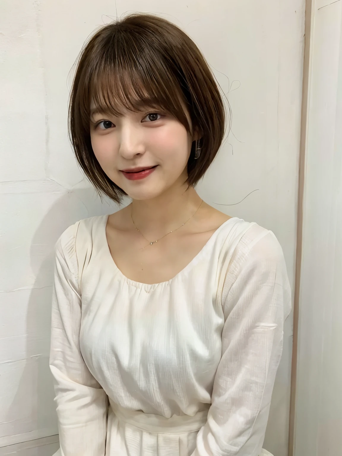 (highest quality、8k、32k、masterpiece、Hmph:1.2)、Photo of beautiful Japan woman in her 30s、very short hair、short hair、Shortcuts、Upper Body、necklace、Shooting from the sky、Don&#39;Don&#39;t look at the camera、(Realistic、Photorealistic:1.37)、1 girl、Photographed in natural light、Physically Based Rendering、Excellent image quality、High resolution、1080p、(Detailed facial depiction)、(Detailed description of the hands)、(Detailed CG)、Rich details、(exquisite features)、(Best image quality)、(masterpiece)、(Beautiful Eyes)、Delicate clavicle、Various poses、profile、White wall、Taken in front of a white door、(窓のあるWhite wallの部屋)、Earrings、Laughter、Spring Clothes、((Long sleeve dress))、Look Down、Downward