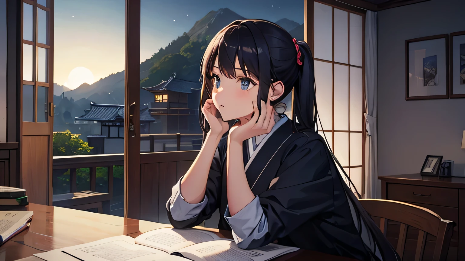 A girl sitting at a desk studying in a room Outside the room, it's night full moon Japanese anime style profile