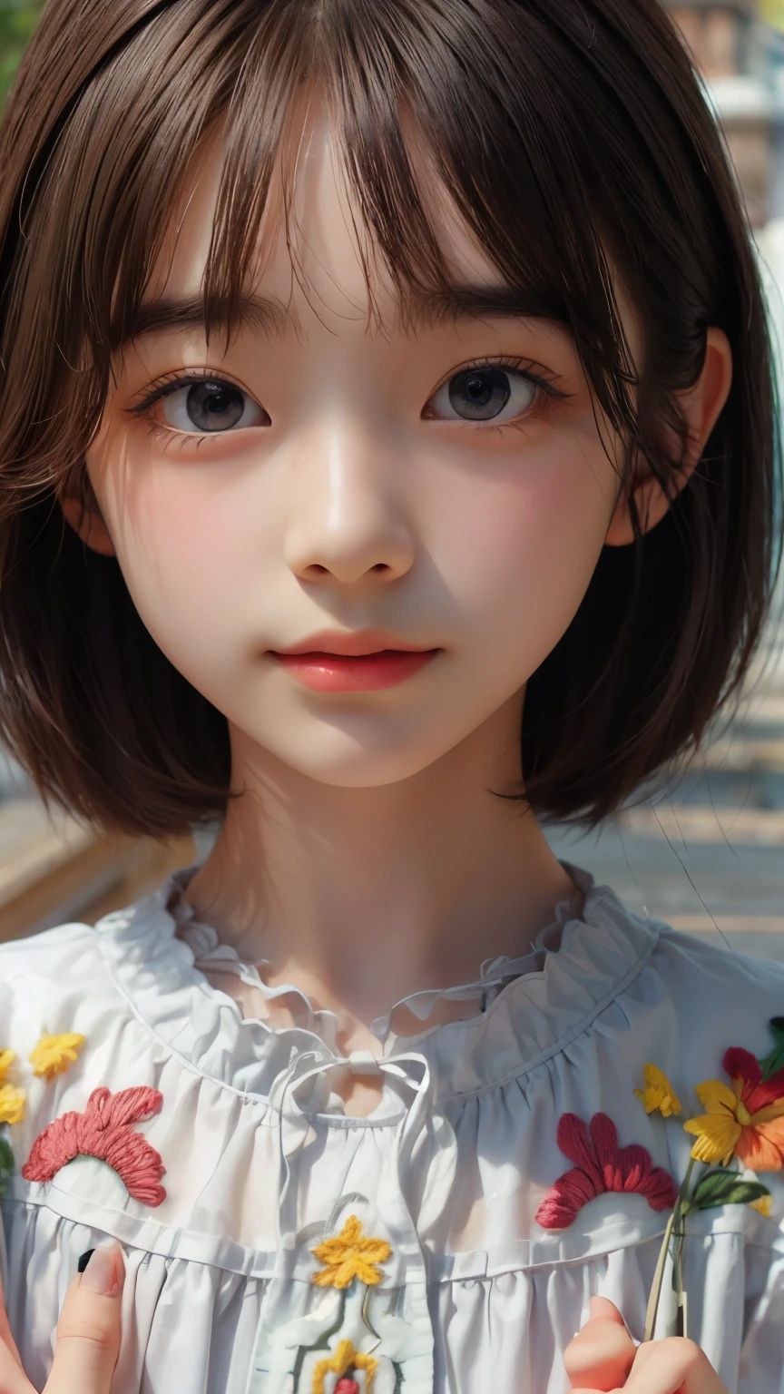 ((sfw: 1.4)), ((detailed face, professional photography)), ((sfw, (Ukraina embroidery smock dress:1.4), 1 Girl)), Ultra High Resolution, (Realistic: 1.4), RAW Photo, Best Quality, (Photorealistic Stick), Focus, Soft Light, ((15 years old)), ((Japanese)), (( (young face))), (surface), (depth of field), masterpiece, (realistic), woman, bangs, ((Japanese girl))