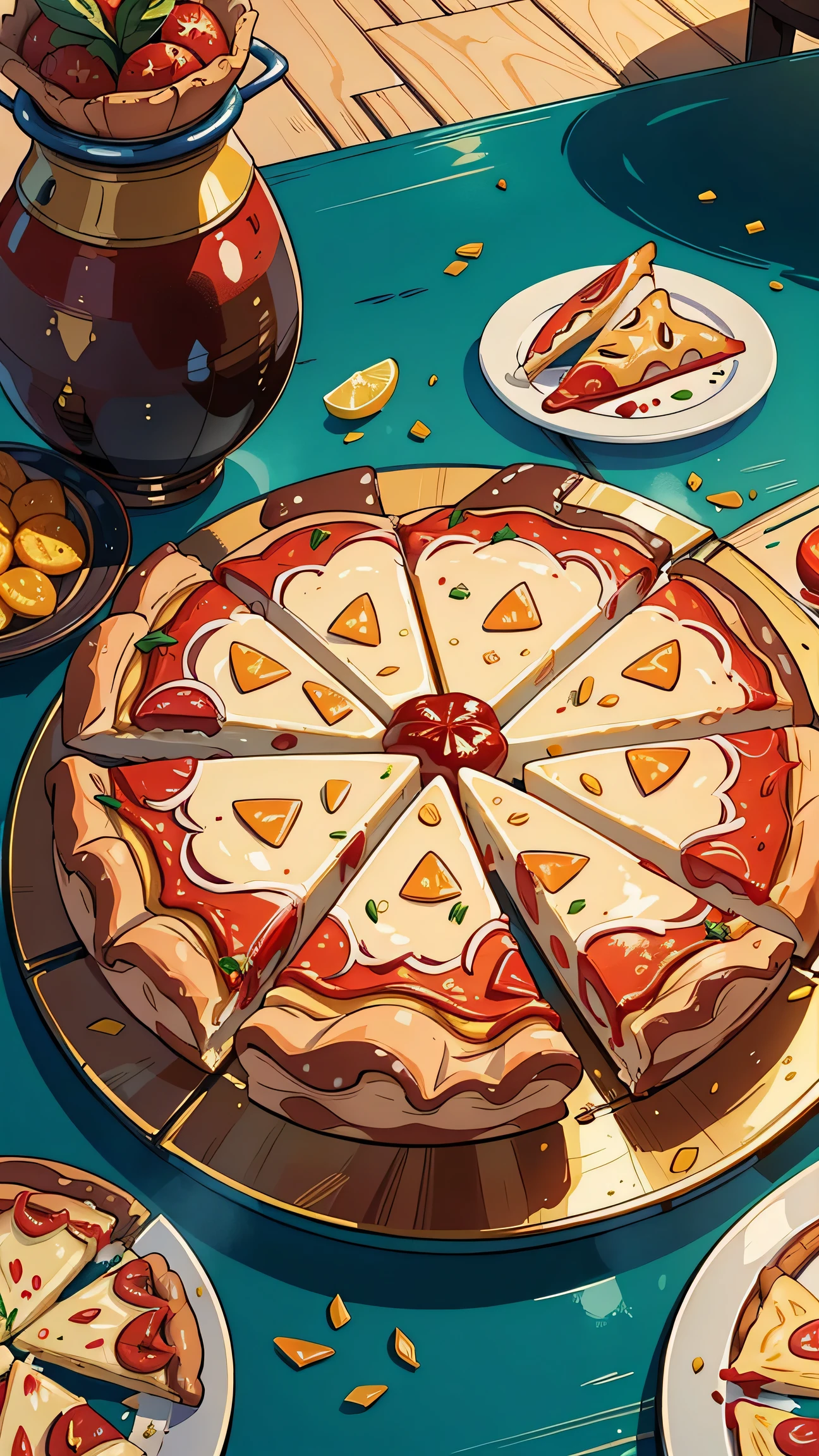 best quality, masterpiece, Ultra-high resolution, Depicting the sumptuous Eid al-Fitr delicacies, Including juicy pizza，Delicious desserts，Bright color， (Reality: 1.4), bright light ， (nobody:1.2), daytime