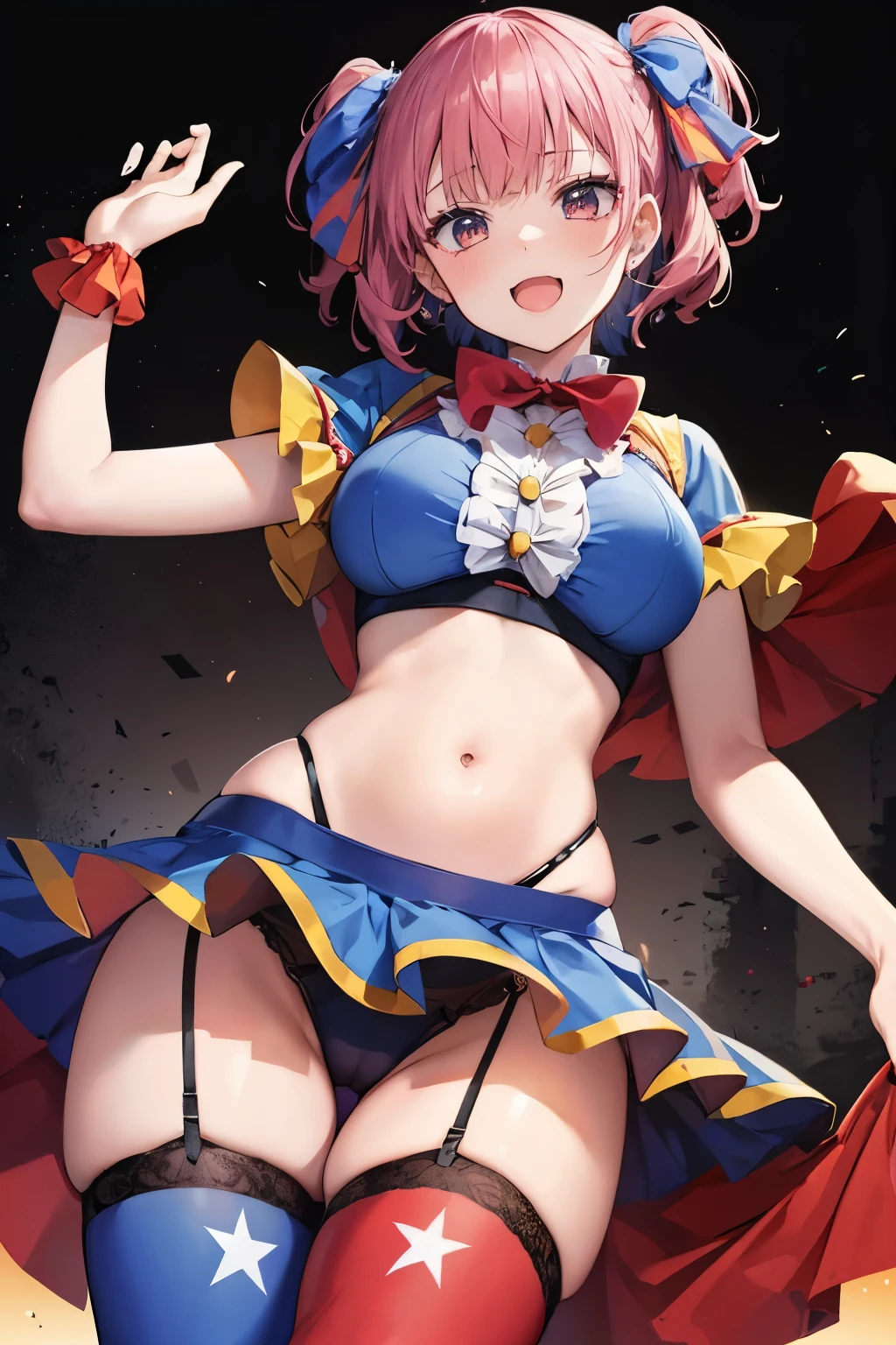 A girl，clown衣服，Show your thighs，Showing belly，Stockings，Garter stockings，arlecchino，clown，Laughter，clown鼻子